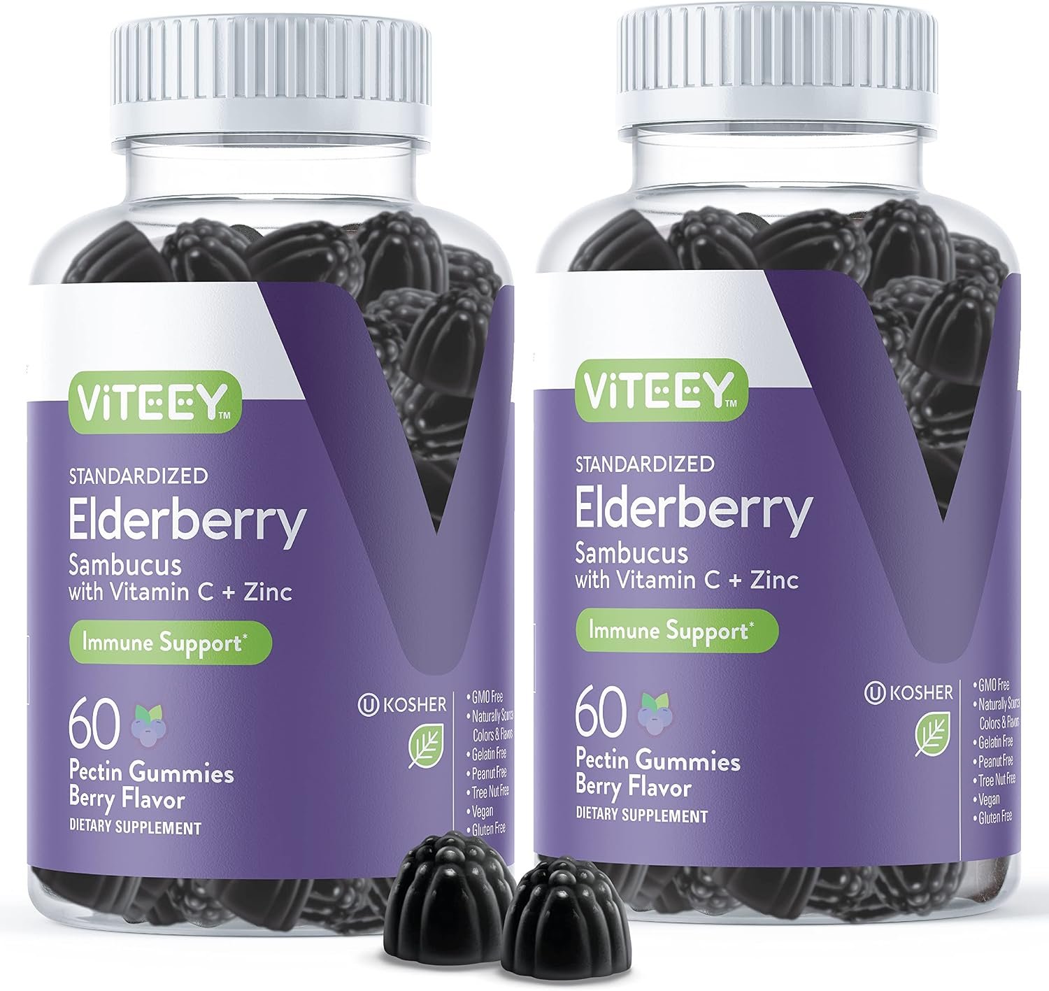 Viteey Sambucus Elderberry Gummies for Adults | Elderberry Vitamin C and Zinc Immunity Gummies – Vegan, Gluten-Free – 120 Count