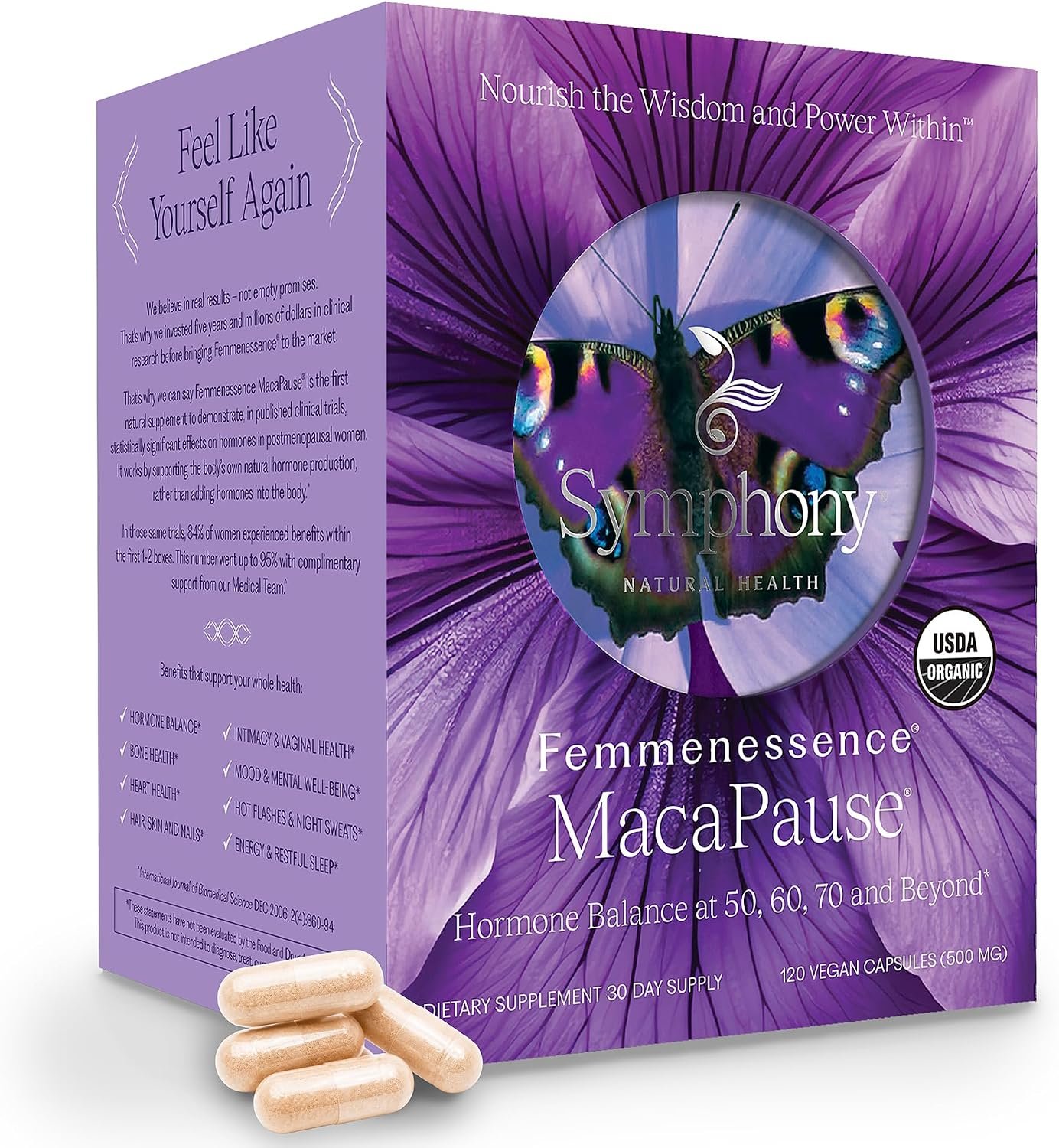 Femmenessence MacaPause – Clinically Proven Post Menopause Supplement for Women, Supports Natural Hormone Balance – Estrogen, Mood & Hot Flashes Relief. 120 Organic Vegan Capsules (30 Day Supply)