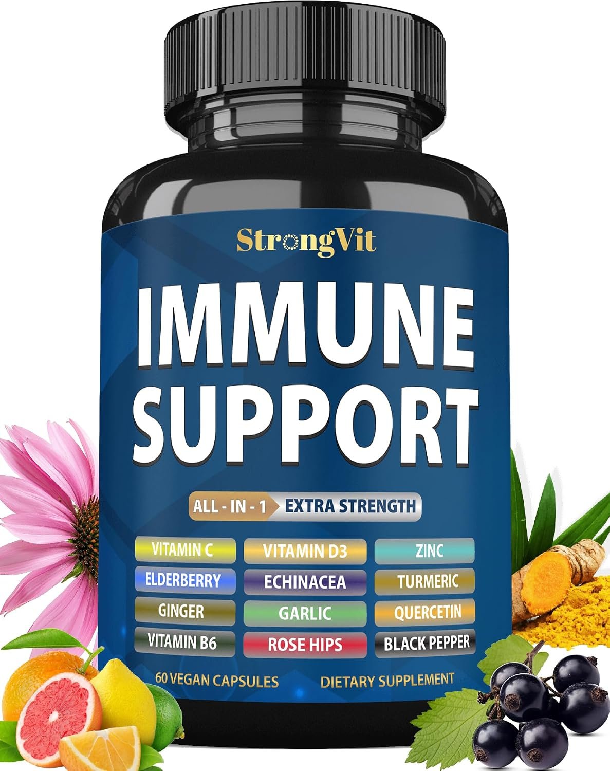 Immune Support Supplement with Vitamin C, D3, Zinc, Echinacea, Elderberry | 12 in 1 Complex – Immune Defend for Men & Women, Non-GMO, Gluten-Free, Vegan, USA Lab Tested