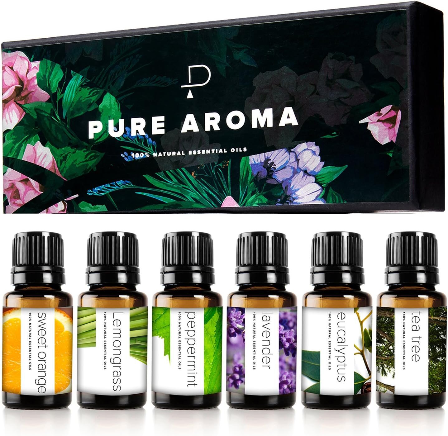 Essential Oils Set by Pure Aroma – Top 6 Aromatherapy Oils Gift Set-6 Pack, 10ml (Eucalyptus, Lavender, Lemongrass, Sweet Orange, Peppermint, Tea Tree)