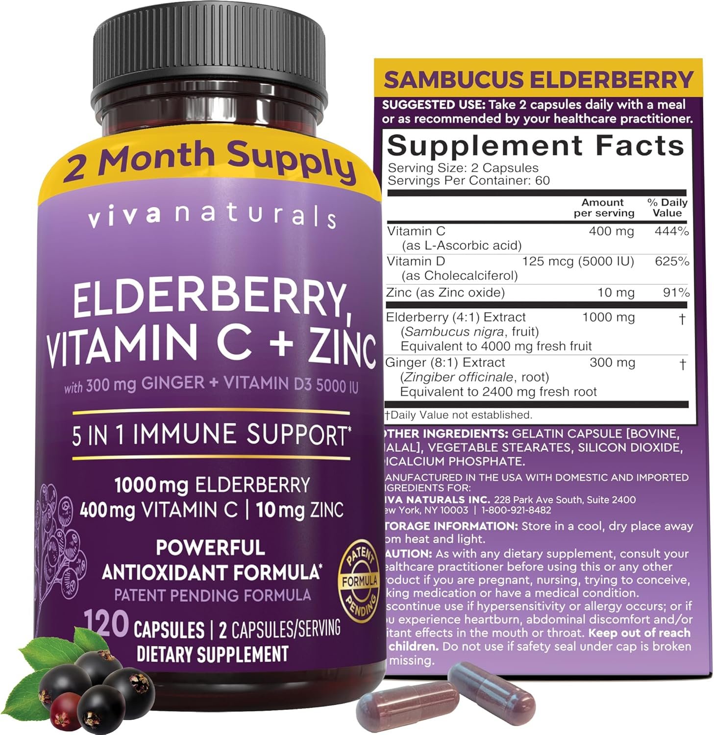Viva Naturals Elderberry with Vitamin C and Zinc for Adults – 5 in 1 Sambucus Black Elderberry Capsules with Vitamin D3 5000 IU Immunity Supplement, Sambucus Elderberry Immune Support Supplement