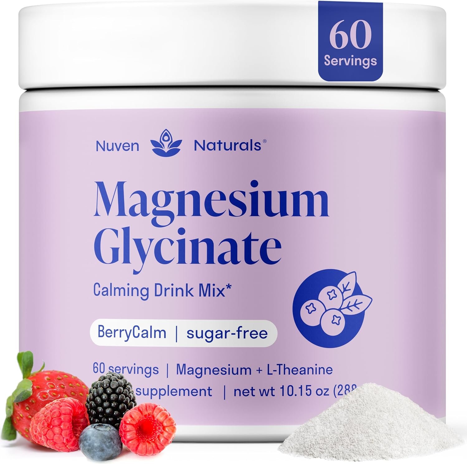 Magnesium Glycinate Powder + L Theanine, 60 Servings, 300mg, Mixed Berry | Support Restful Sleep & Relaxation, Sugar-Free High Absorption Magnesium Powder, Calming Drink Mix, Chelated Magnesium Powder
