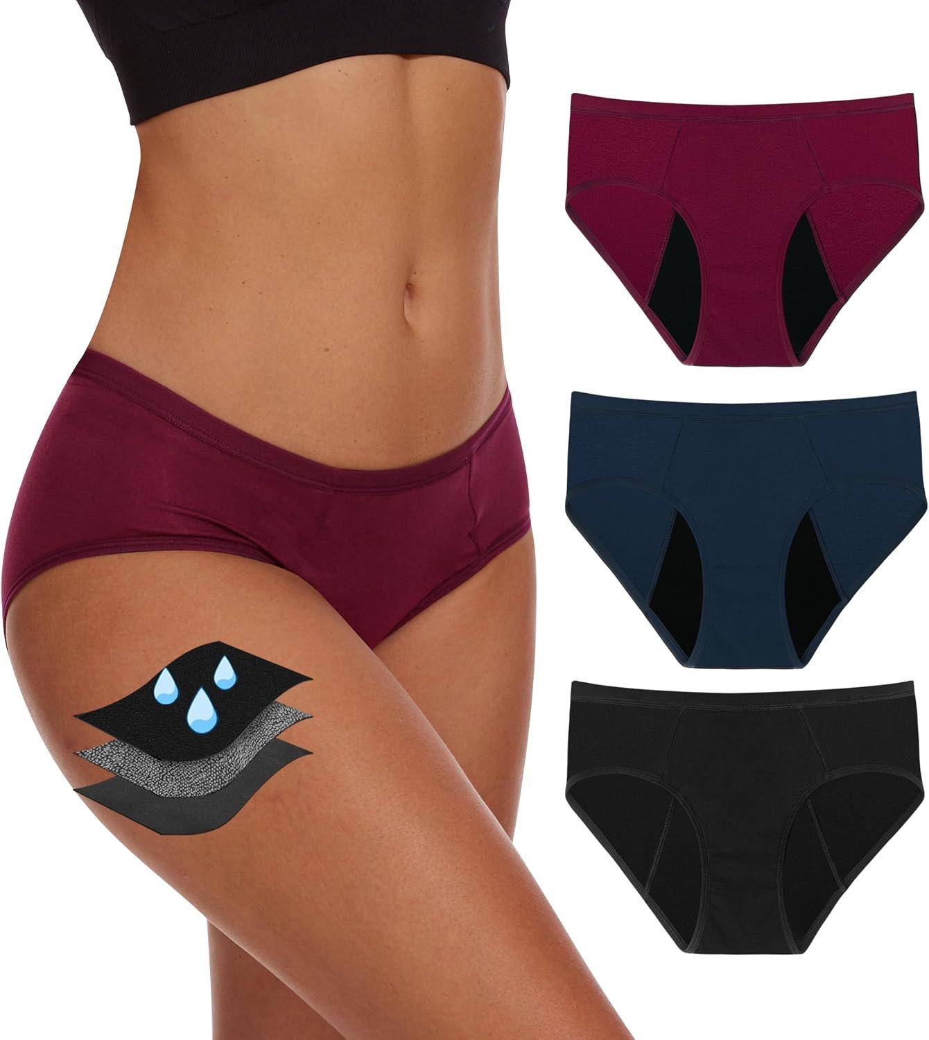 YESWEL Period Underwear For Women Leakproof Hipster Brief Heavy Flow 3 Pack | Comfortable soft menstrual panties, washable reusable moisture wicking leak postpartum 35ML light-moderate heavy flow