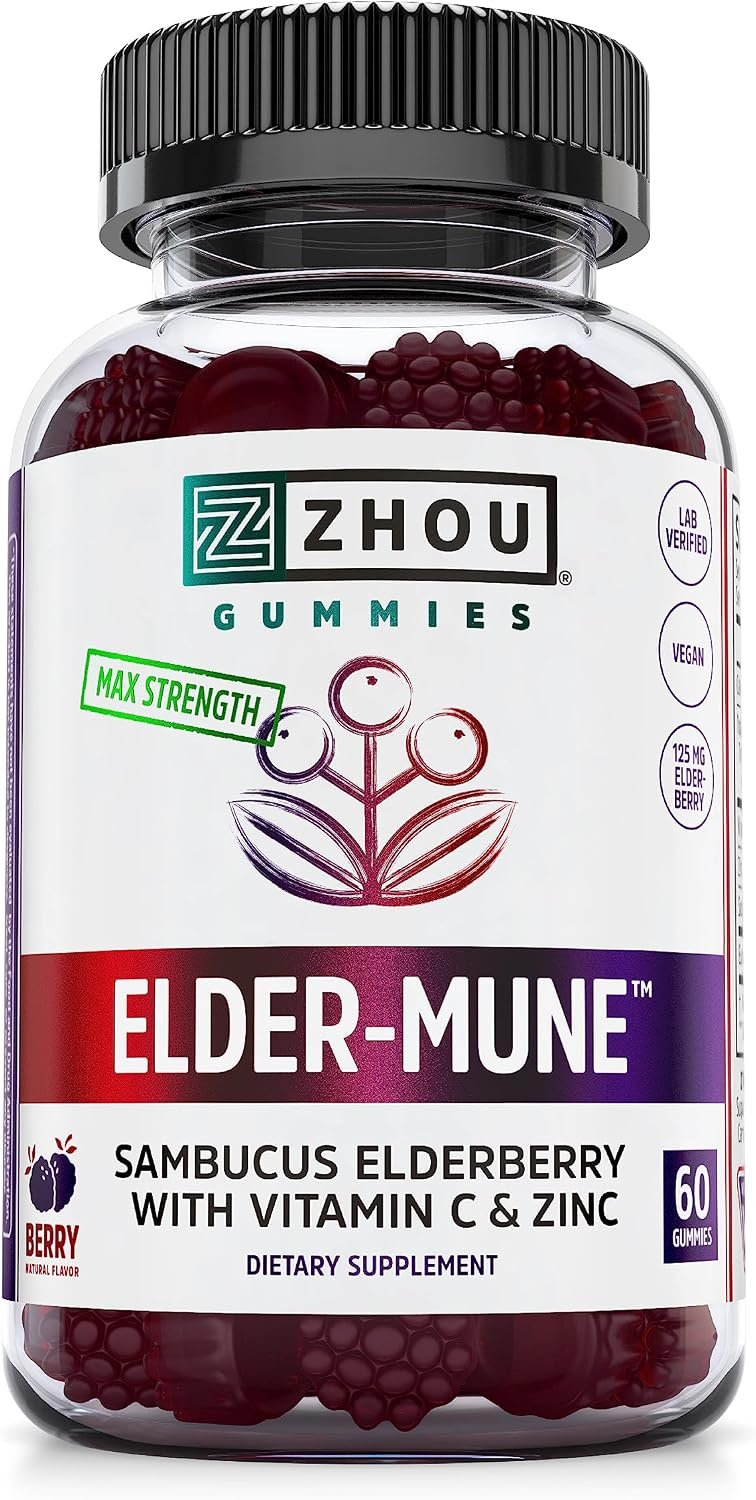 ZHOU Nutrition Elder-Mune Sambucus Elderberry Gummies with Zinc and Vitamin C for Kids & Adults (Age 4+) Immune Support with Antioxidants, Vegan, Gluten Free, Non-GMO, 30 Servings, 60 Gummies | Daily Immune Support Supplement for Women & Men, Chewable Natural Black Elderberry for Adults & Children 4 & Up