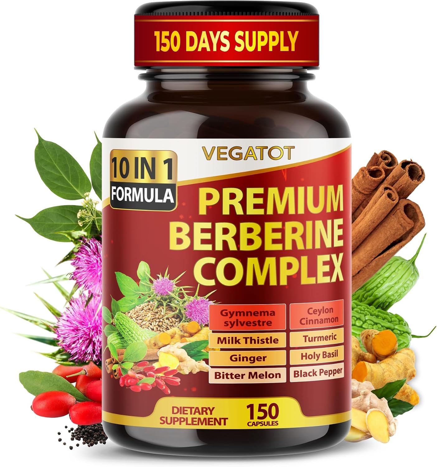 Vegatot Berberine Supplement with Ceylon Cinnamon & Milk Thistle, Gymnema Sylvestre, Bitter Melon, & Black Pepper, Daily Metabolic & Digestive Wellness Support, 150 Capsules, Non-GMO, Gluten Free
