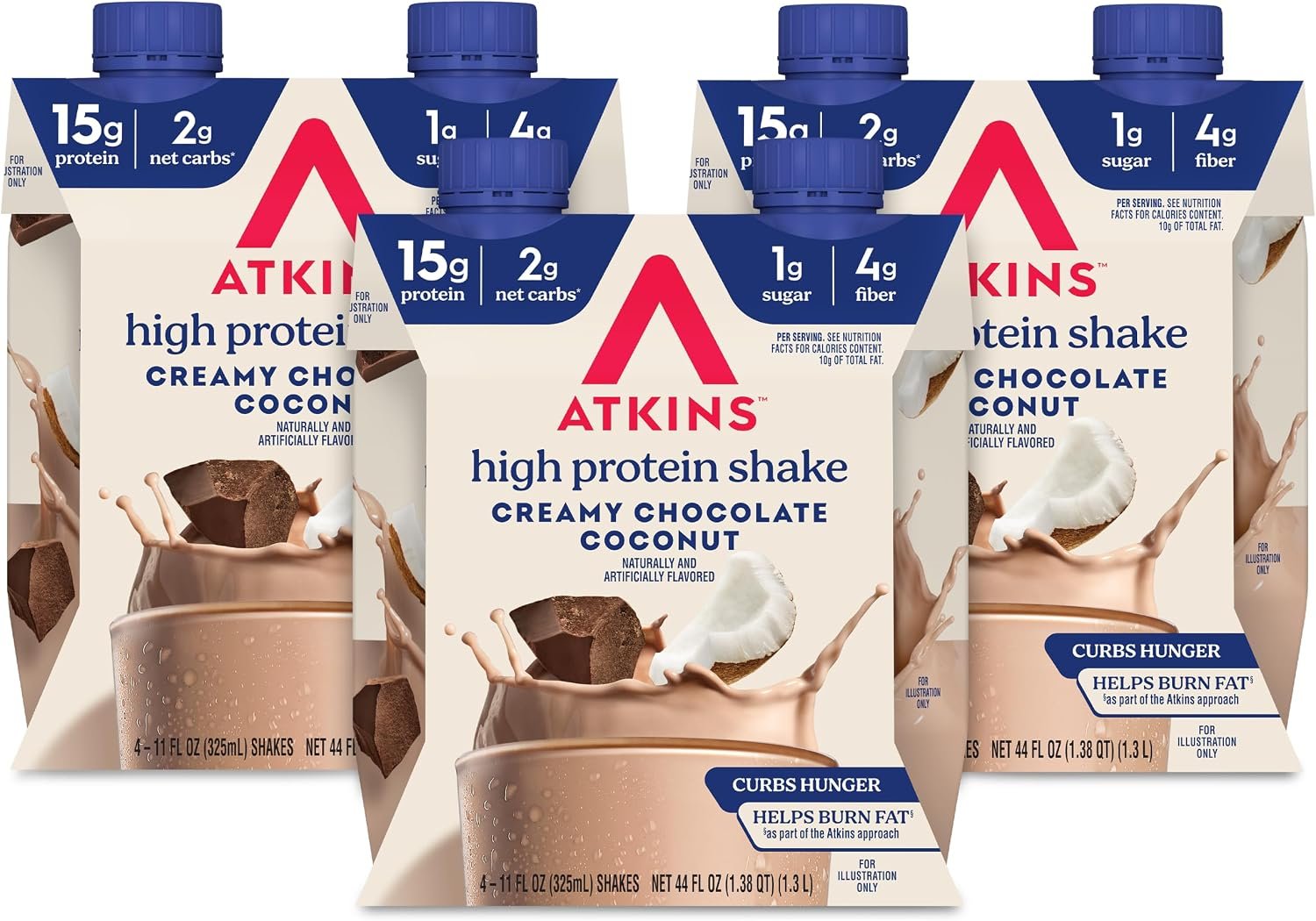 Atkins Creamy Chocolate Coconut Flavored Protein Shake, 12 Count | 15g Protein, 4g Fiber, 2g Net Carbs, 1g Sugar, Keto Friendly, Ready to Drink, 3 Pack of 4 Count Shakes