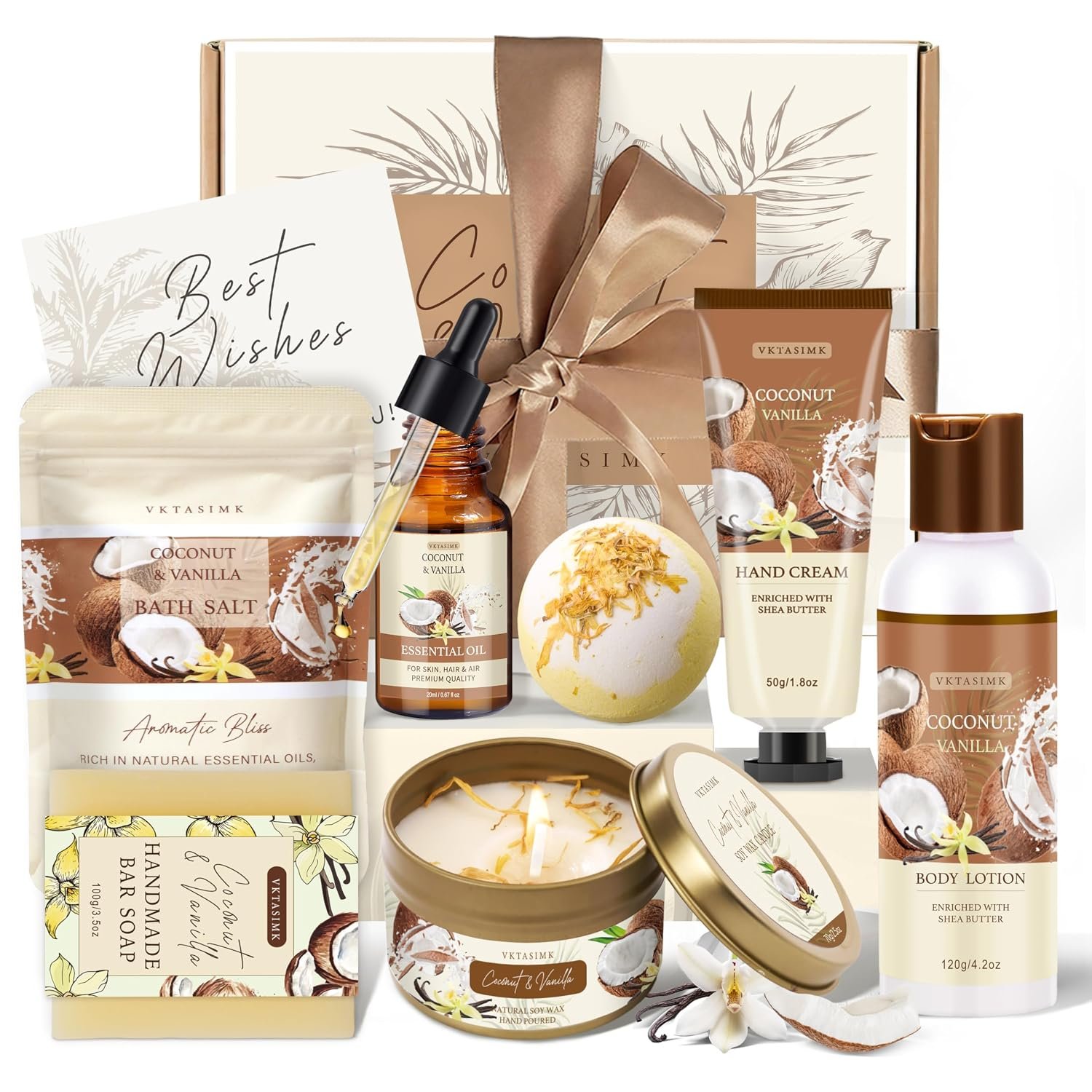Gifts for Women Birthday Gift Baskets Vanilla Coconut Relaxing Home Spa Set | Christmas Mothers Day Gifts, Bath and Body Gift Set Self Care Package for Mom Sister Her Wife Grandma Girlfriend Friends