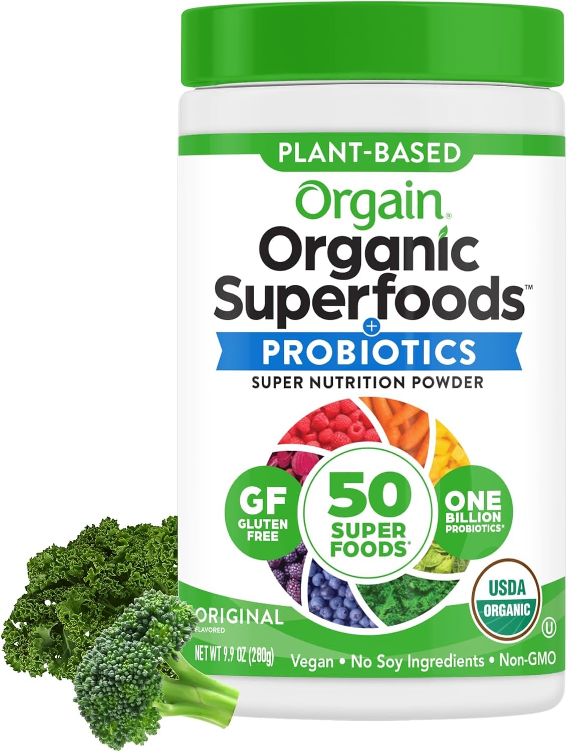 Orgain Organic Greens Powder + 50 Superfoods, Original – 1 Billion Probiotics for Digestive Health, Antioxidants, Vegan, Plant-Based, Gluten-Free, Non-GMO, Green Juice & Smoothie Drink Mix – 0.62lb | 1 billion probiotics for digestive health, antioxidants, vegan, gluten free, non-GMO, for smoothies & green juice