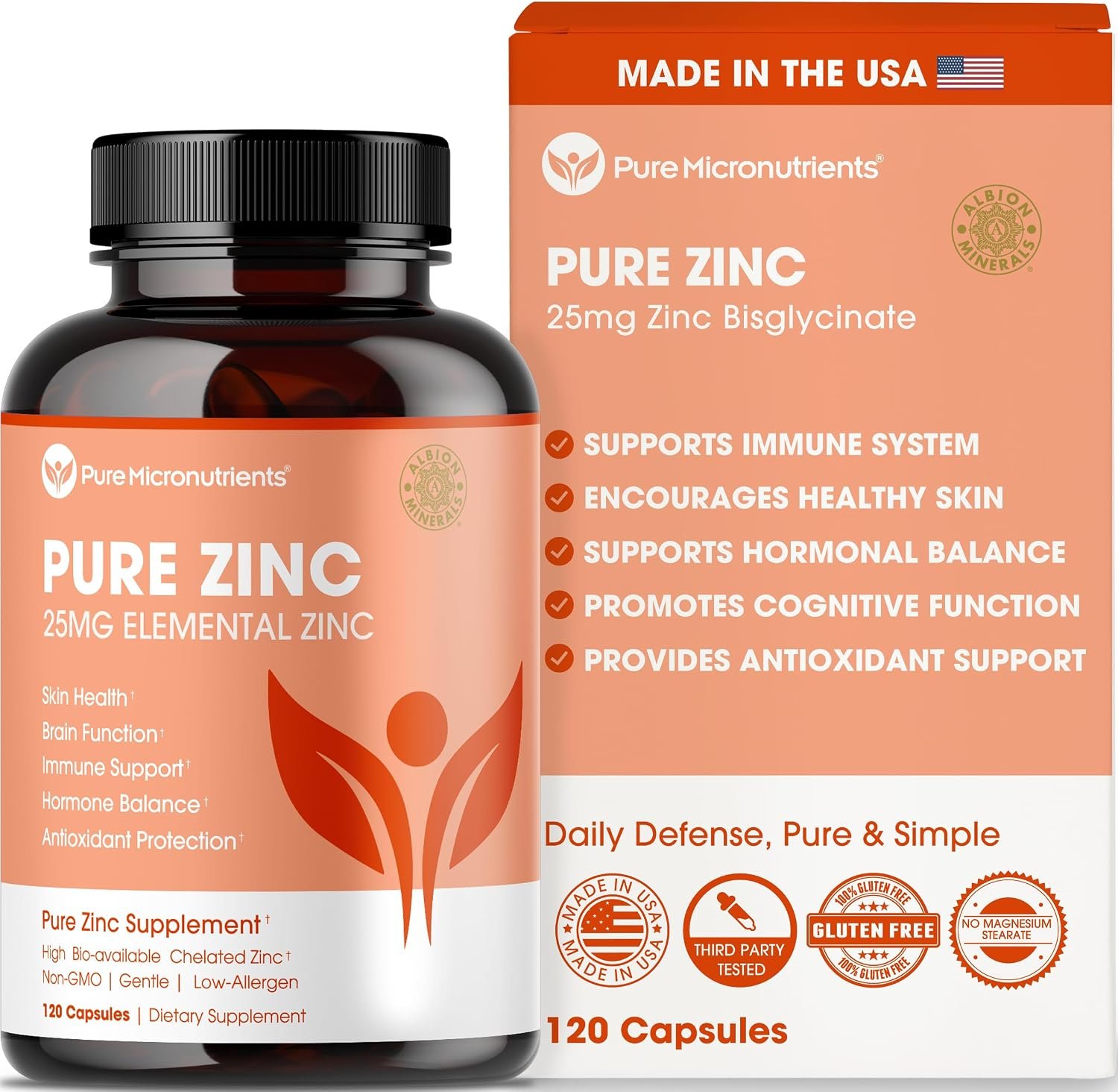 Pure Zinc Supplement 25mg, TRAACS Bisglycinate Chelate, 120 Capsules | Immune support, skin health & energy for men & women; gentle, high-absorption chelated zinc