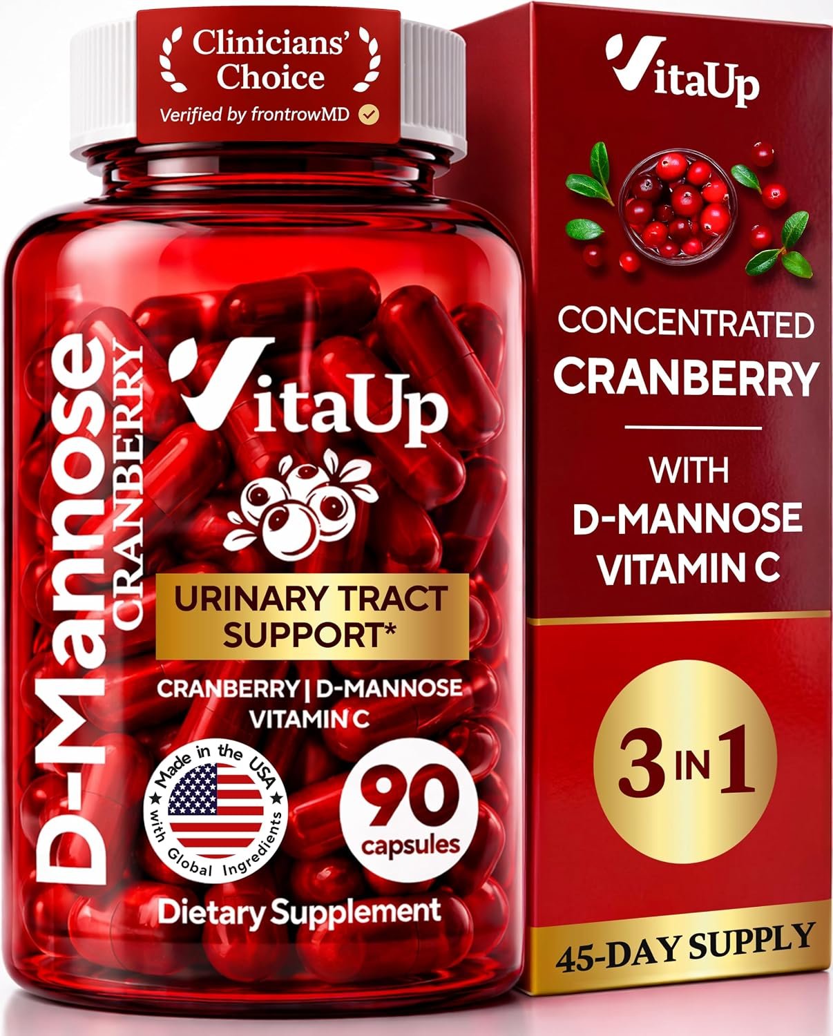 D-Mannose & Cranberry Supplement for Women – Made in USA, Cranberry D Mannose & Vitamin C Supplement – Cranberry Capsules for Women for Urinary Tract & Bladder Support – 90 Vegan Capsules
