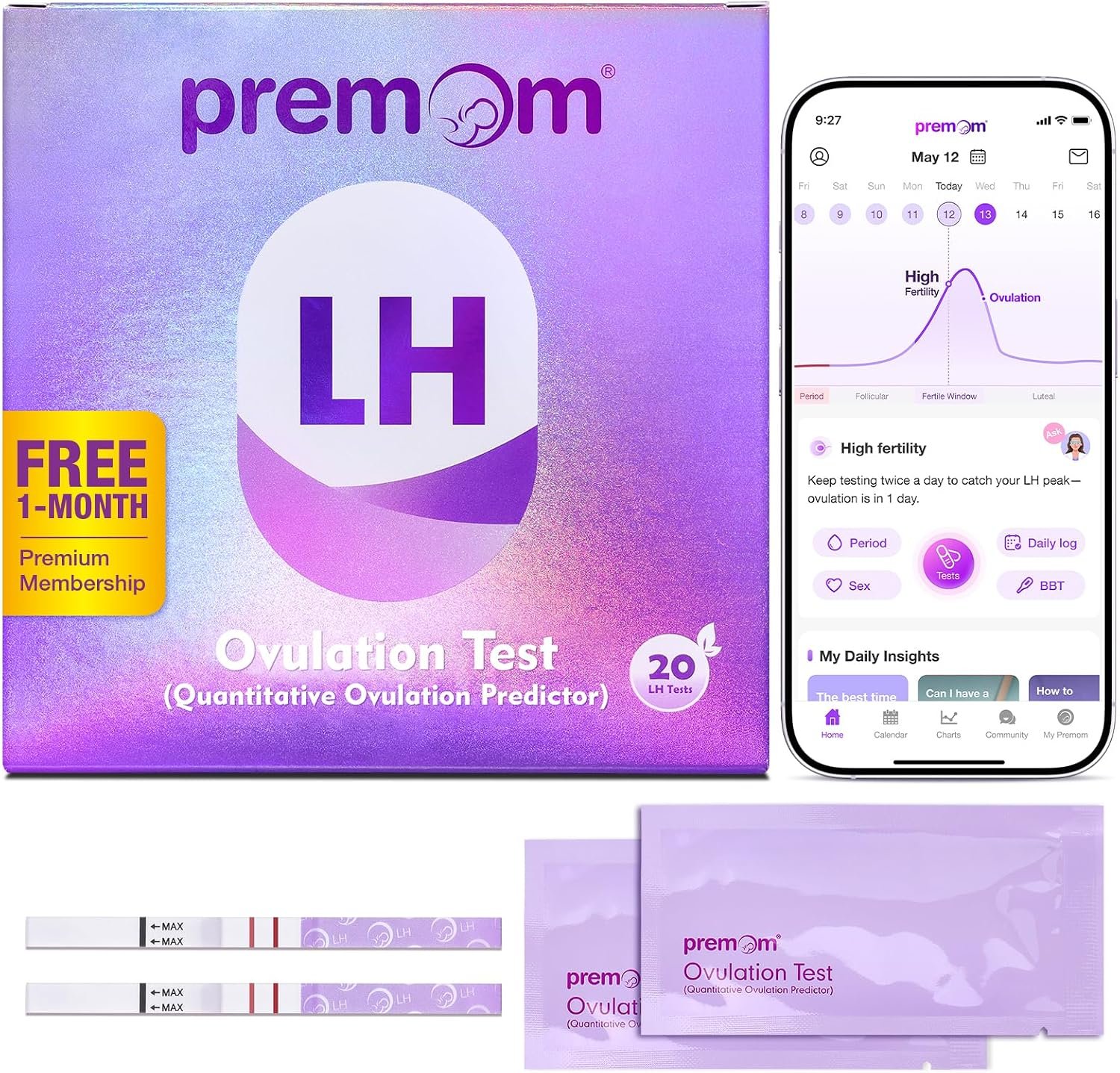 Premom Quantitative Ovulation Test Strips: 5X Pregnancy Rate Found* Use App | 20 Ovulation Tests – Numerical LH Range 0-65 mIU/mL | Premom App Tracking LH Changes for TTC Family Plan