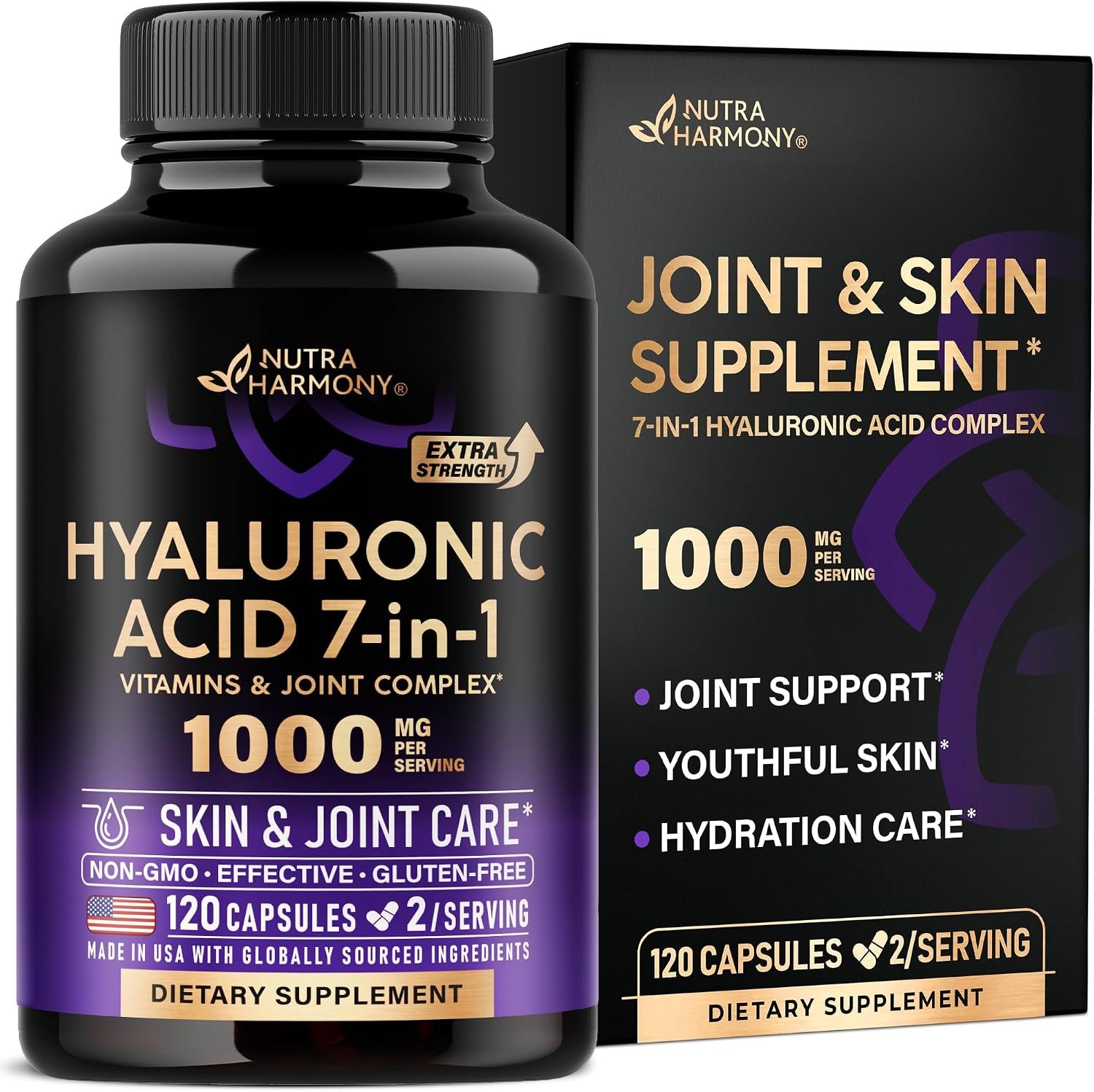 Hyaluronic Acid Supplements 1000mg – Skin & Joint Support – 120 Caps | Hyaluronic Acid Capsules – 7in1 Complex for Men & Women – Collagen | MSM | Boswellia | Vitamin D3, C & E – Lab Tested