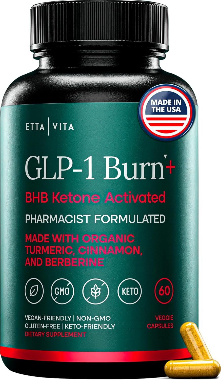 GLP-1 Supplement for Appetite Support with BHB Ketones, ACV, Berberine HCL | GLP-1 support supplement for women and men withoragnic turmeric and cinnamon, vegan, herbal, non-GMO, made in USA, 60ct