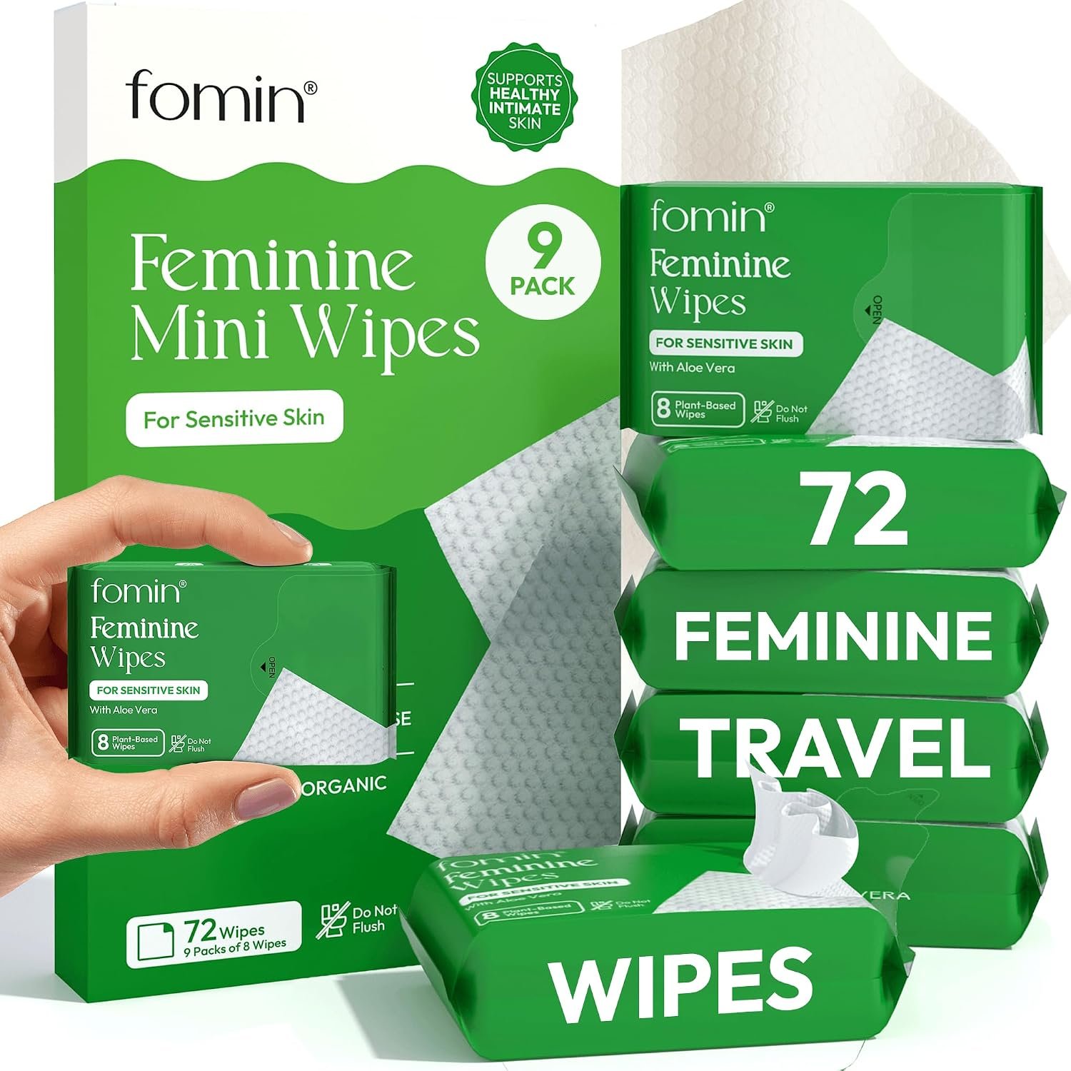 FOMIN Feminine Wipes for Women – 9 Pack (72 Wipes) Aloe Vera Cleansing | pH Balanced Intimate Cleansing Wipes for Sensitive Skin – Individually Wrapped Packets – Travel Essentials & Gifts