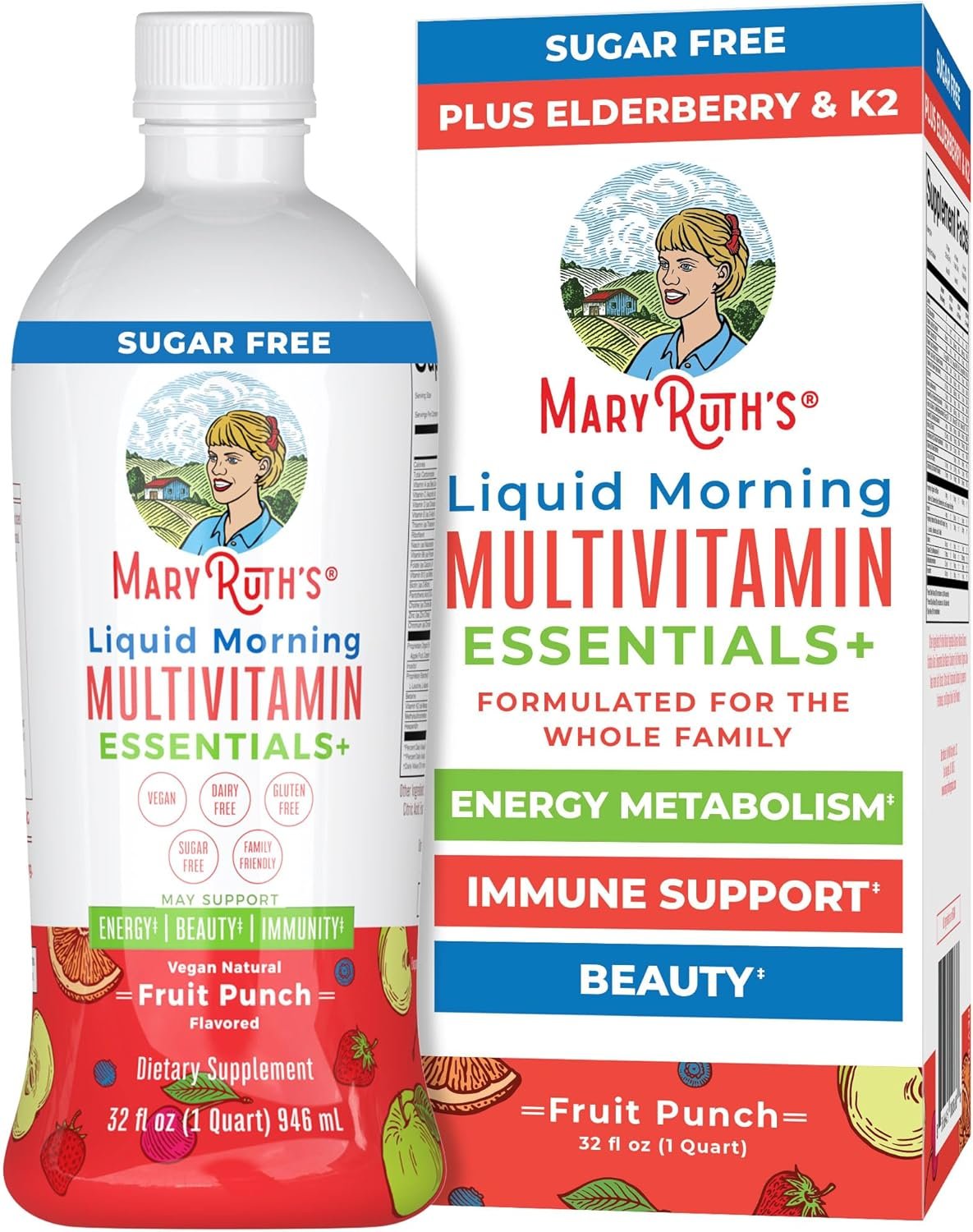 MaryRuth’s Liquid Morning Multivitamin Essentials+, 2 Flavors, Vegan, 32oz | Vitamin A C D E B6 B12 Biotin Zinc, Mens Womens Multivitamin, Immune Support, Beauty, Sugar Free, Vegan, Ages 1+