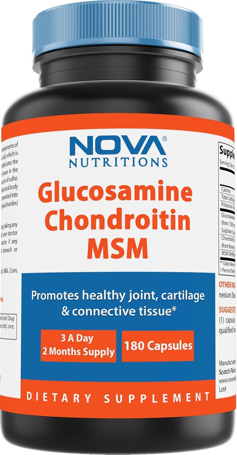 Nova Nutritions Triple Strength Glucosamine Chondroitin MSM 2600mg/Serving Capsules, Supports Healthy Joint, Cartilage and Connective Tissue – Promotes Joint Comfort & Flexibility 180 Count