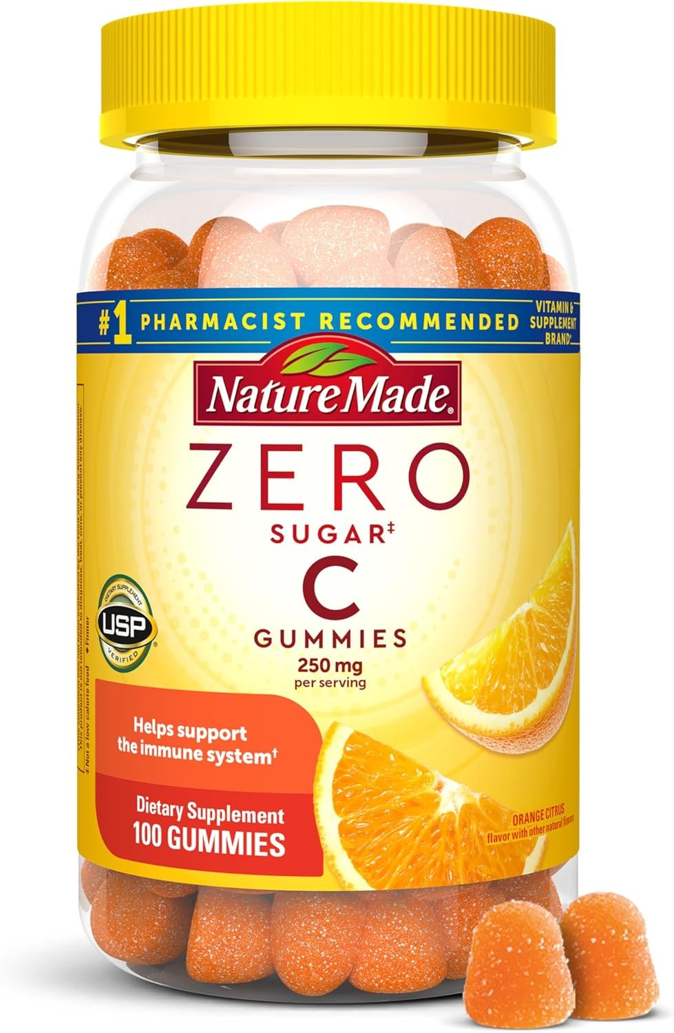 Nature Made Zero Sugar Vitamin C Gummies 250 mg per Serving, 100 Gummies | Sugar Free Vitamin C Gummies for Immune and Antioxidant Support, Aspartame Free, Orange Citrus Flavor, 50 Day Supply
