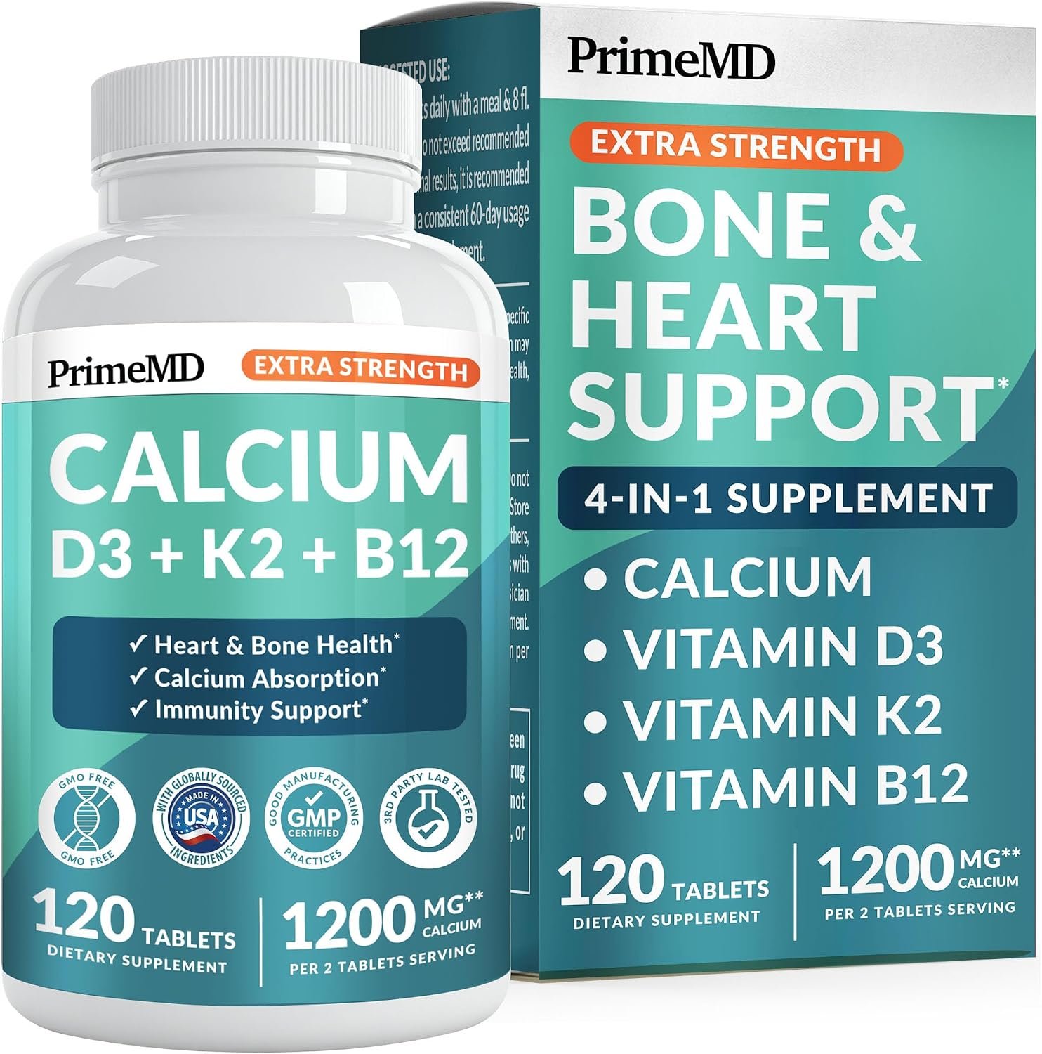 PrimeMD 4-in-1 Calcium 1200mg, Vitamin D3 K2 5000IU, Vegan Non-GMO, 120ct | Bone Health and Everyday Vitality Support, Extra Strength Calcium with Vitamin D3 and K2, Vegan, Non-GMO, Calcium Supplement