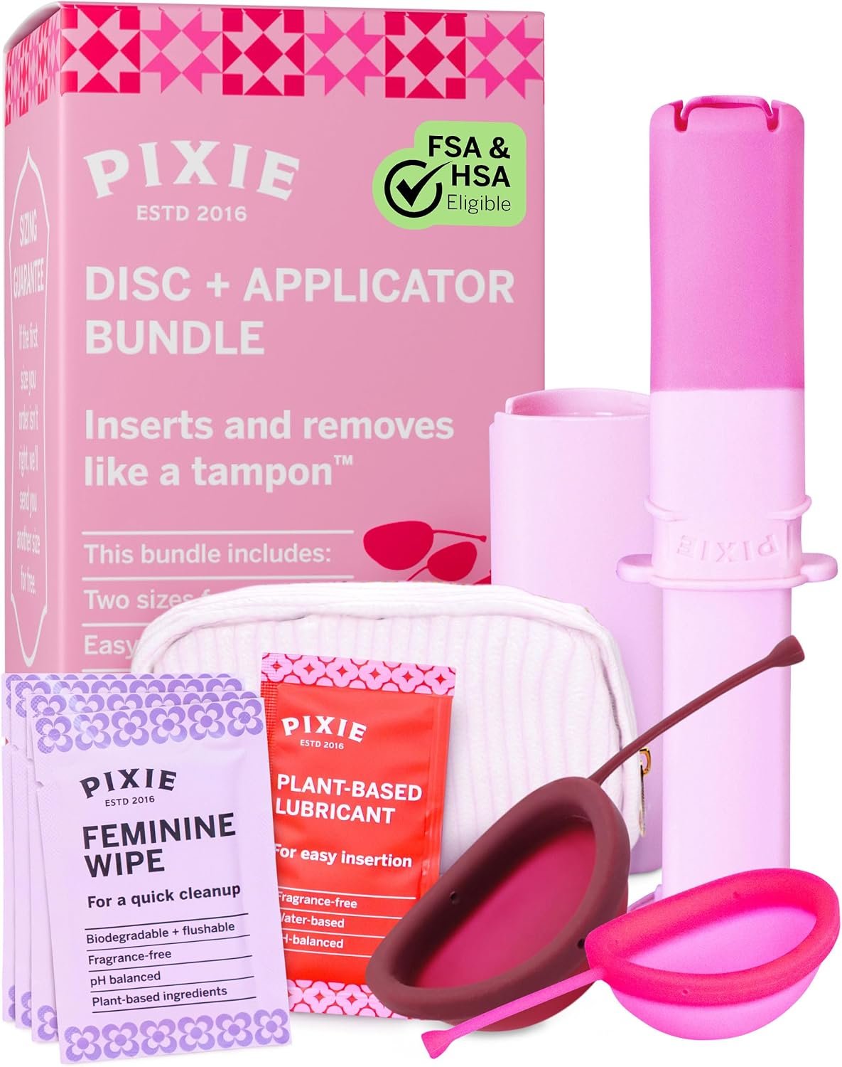 Pixie Cup – 100% Medical-Grade Silicone – Softest Reusable Period Disc – Inserts and Removes Like a Tampon – Capacity of 5 and 7 Tampons (Disc + Applicator Bundle)