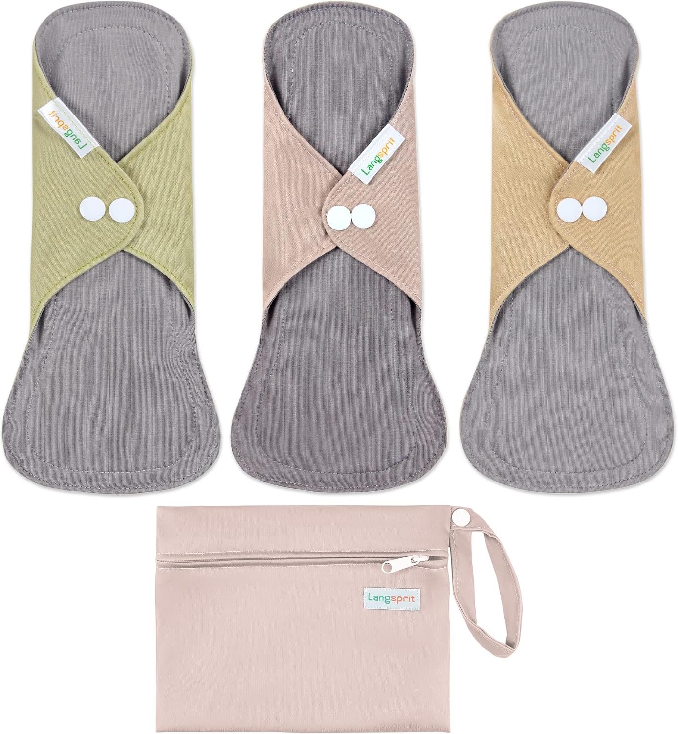 Langsprit Cotton Reusable Period Pads for Women, Washable Pads Menstrual, Regular Absorbency Cotton Cloth Menstrual Pads 3pcs Set with Mini Wet Bag, Suitable for Menstrual Period