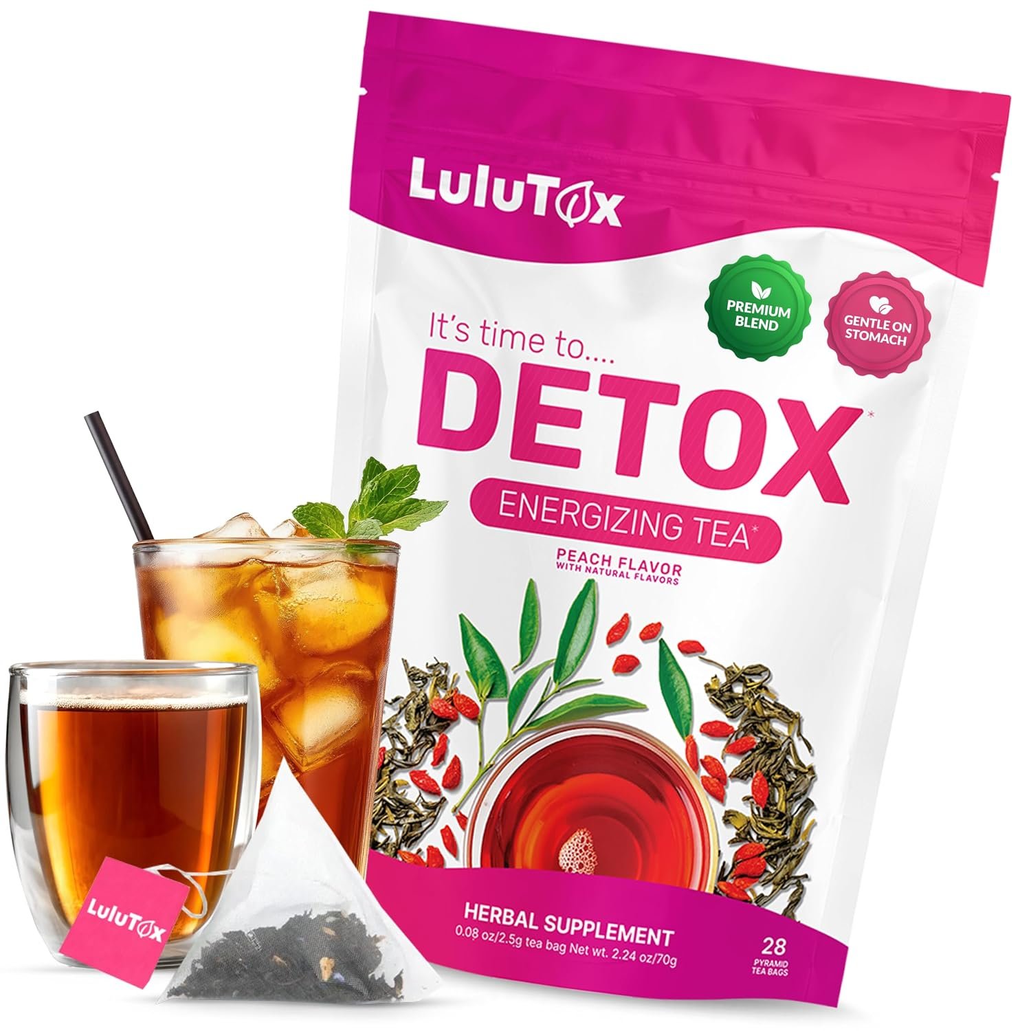 LULUTOX Detox Tea – Herbal Blend with Dandelion, Ginseng, and Ginger – Supports A Healthy Weight, Digestive Health – Vegan, All Natural, Laxative-Free – Peach Flavor (28 Servings)