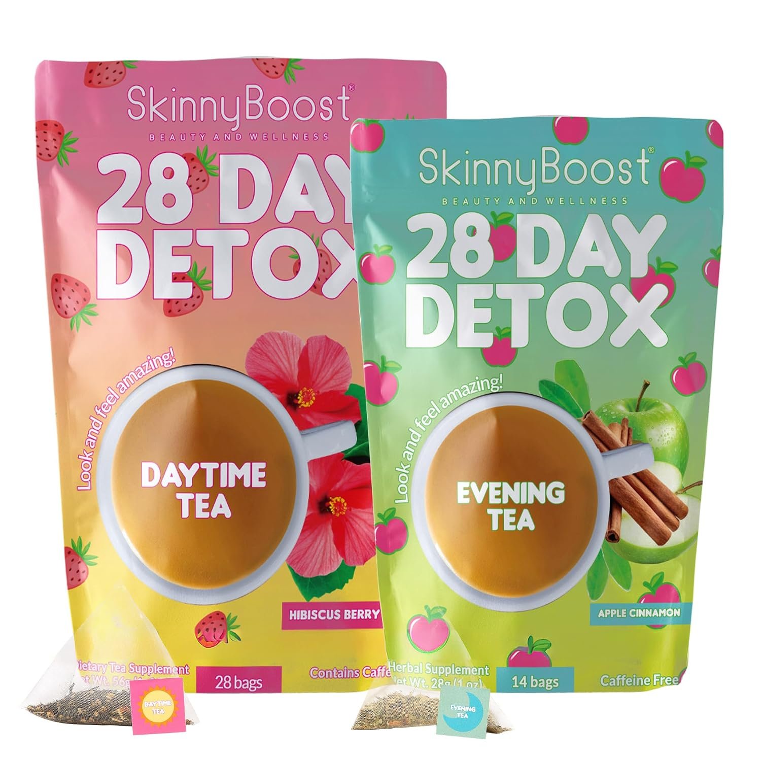 Skinny Boost Detox Tea Kit Slimming Tea for Weight, Metabolism, Energy, Bloating & Colon Cleanse – Green Tea, Herbal, Vegan, Keto, Non-GMO, Sugar-Free-2 PACK –1 Daytime Hibiscus (28 Bags) + 1 Evening Apple -(14 Bags)