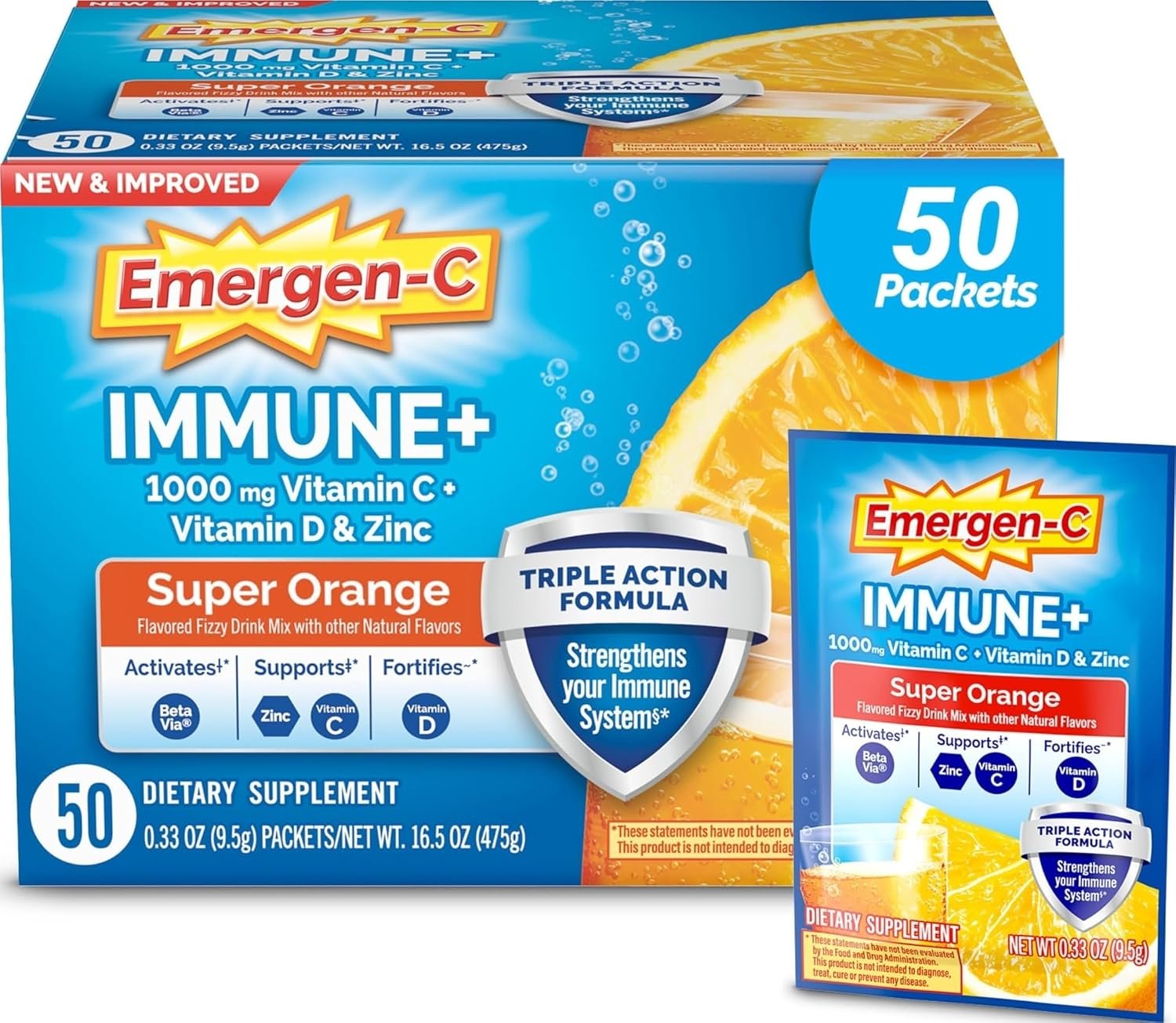 Emergen-C Immune+ Triple Action Immune Support Powder, Super Orange, 50 ct | BetaVia Triple Action, Vitamin D, B Vitamins, Zinc and Manganese, Energy Support, 50 Day Supply