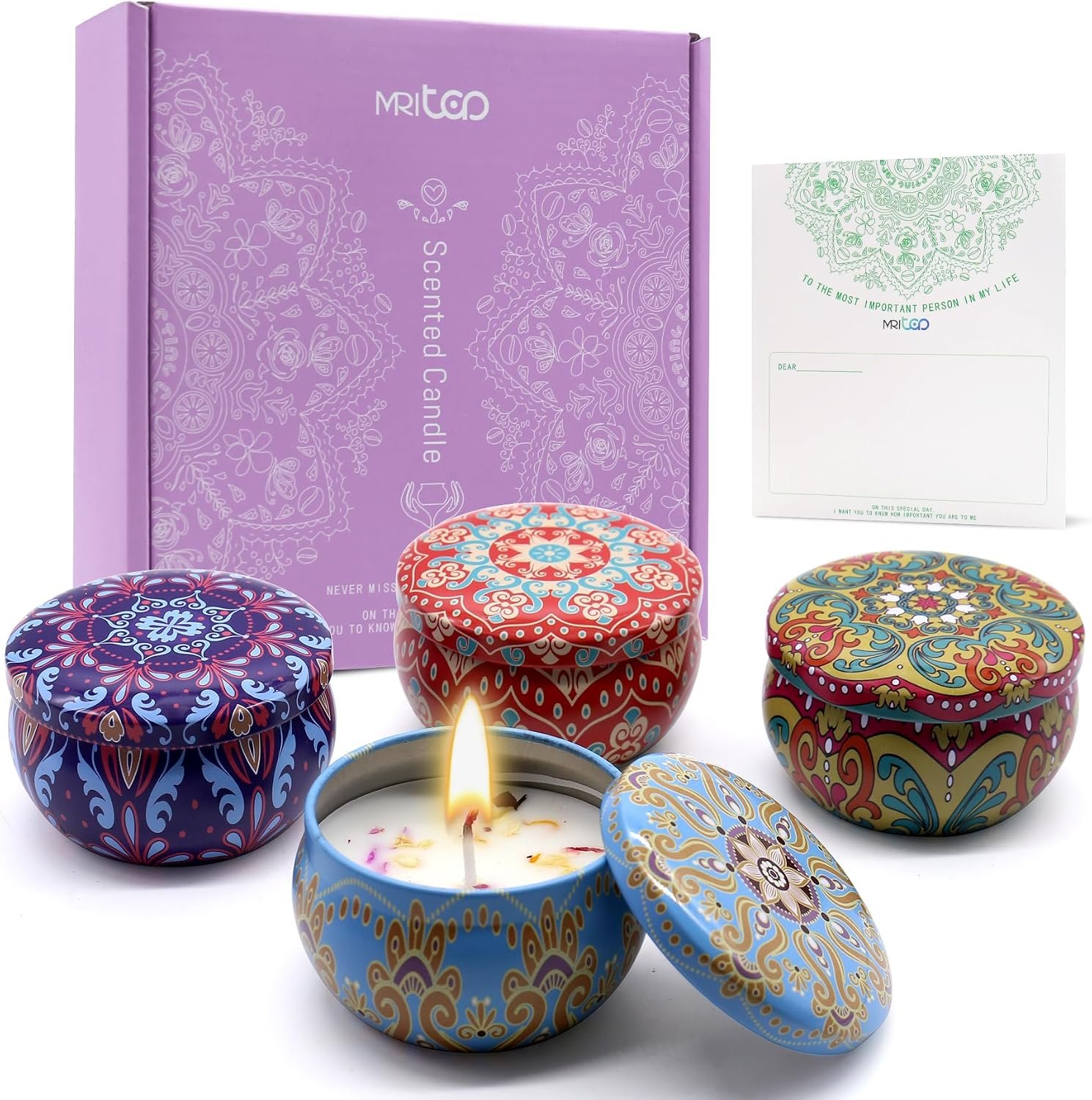 Scented Candles Gift Set for Women 4 Pack Soy Wax Candles with Dried Flowers Reusable Tin Aromatherapy Relaxation Gift for Birthday Mothers Day Valentines Day