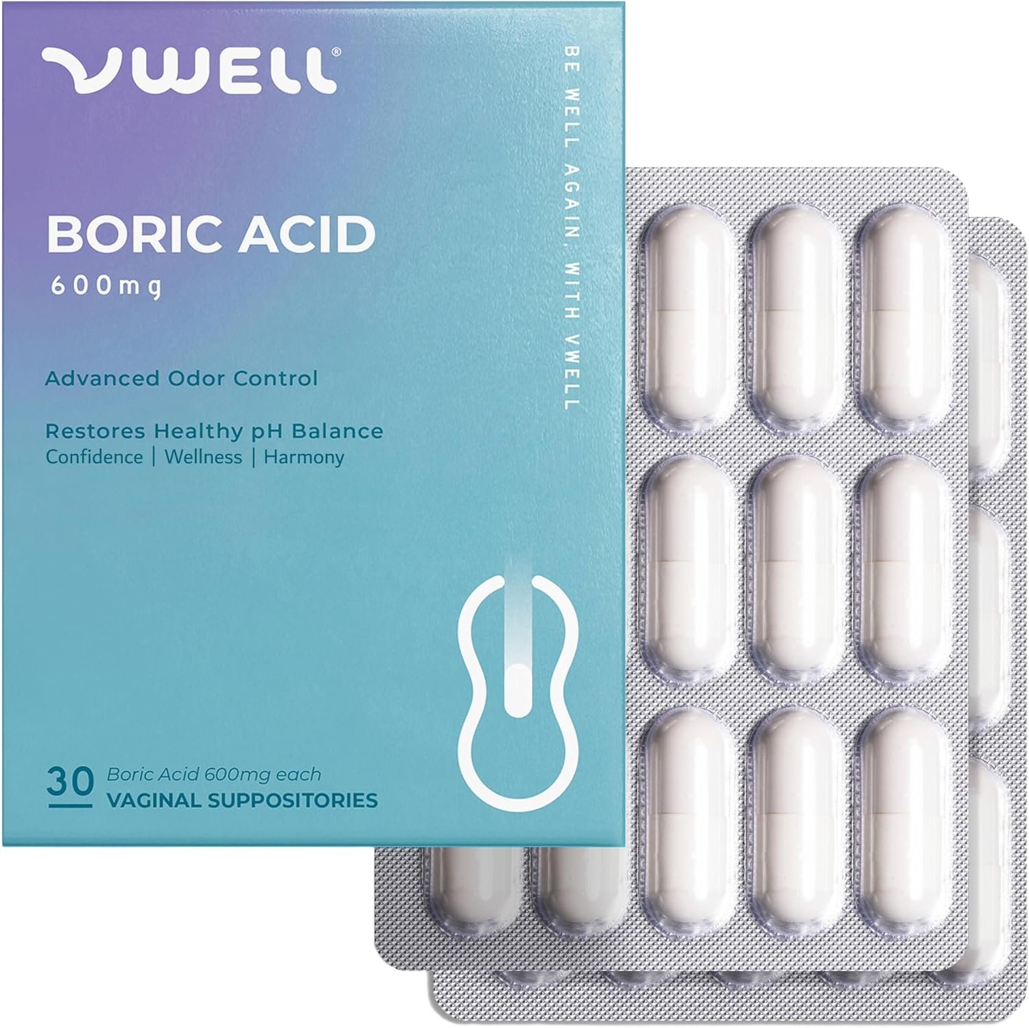 VWELL Boric Acid Suppositories Clinically-Studied Dosage, Vaginal Odor Care | 30 boric acid vaginal suppositorie clinically studied dosage. Vaginal health, odor control. Vegan, non-GMO feminine care.