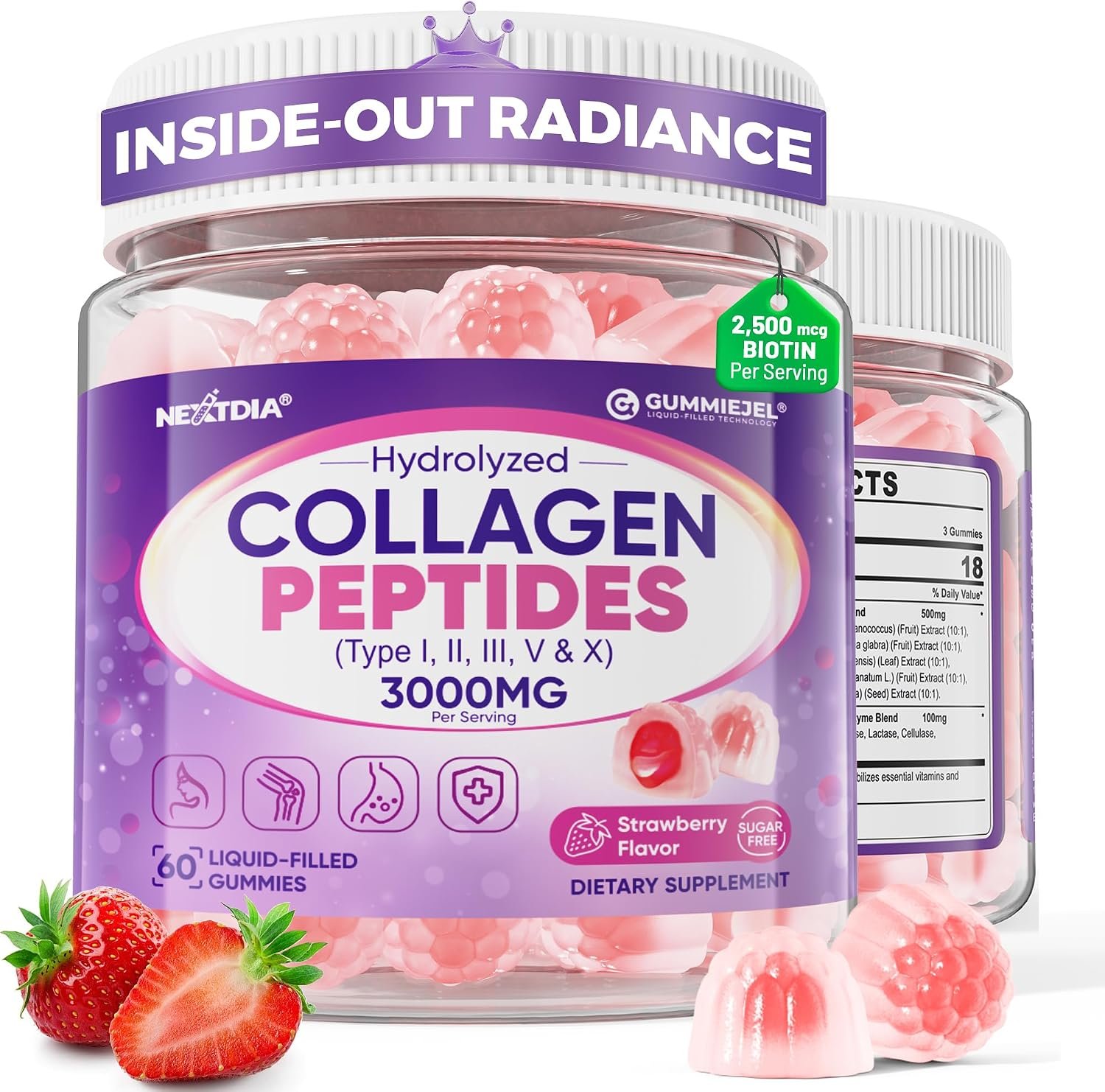 Collagen Gummies for Women & Men + Biotin for Hair, Skin & Nails, 60 Counts | 3000mg Hydrolyzed Collagen Peptides (Type I,II,III,V,X) with Antioxidant Blend & Digestive Enzymes for Anti-Aging, Suagr Free