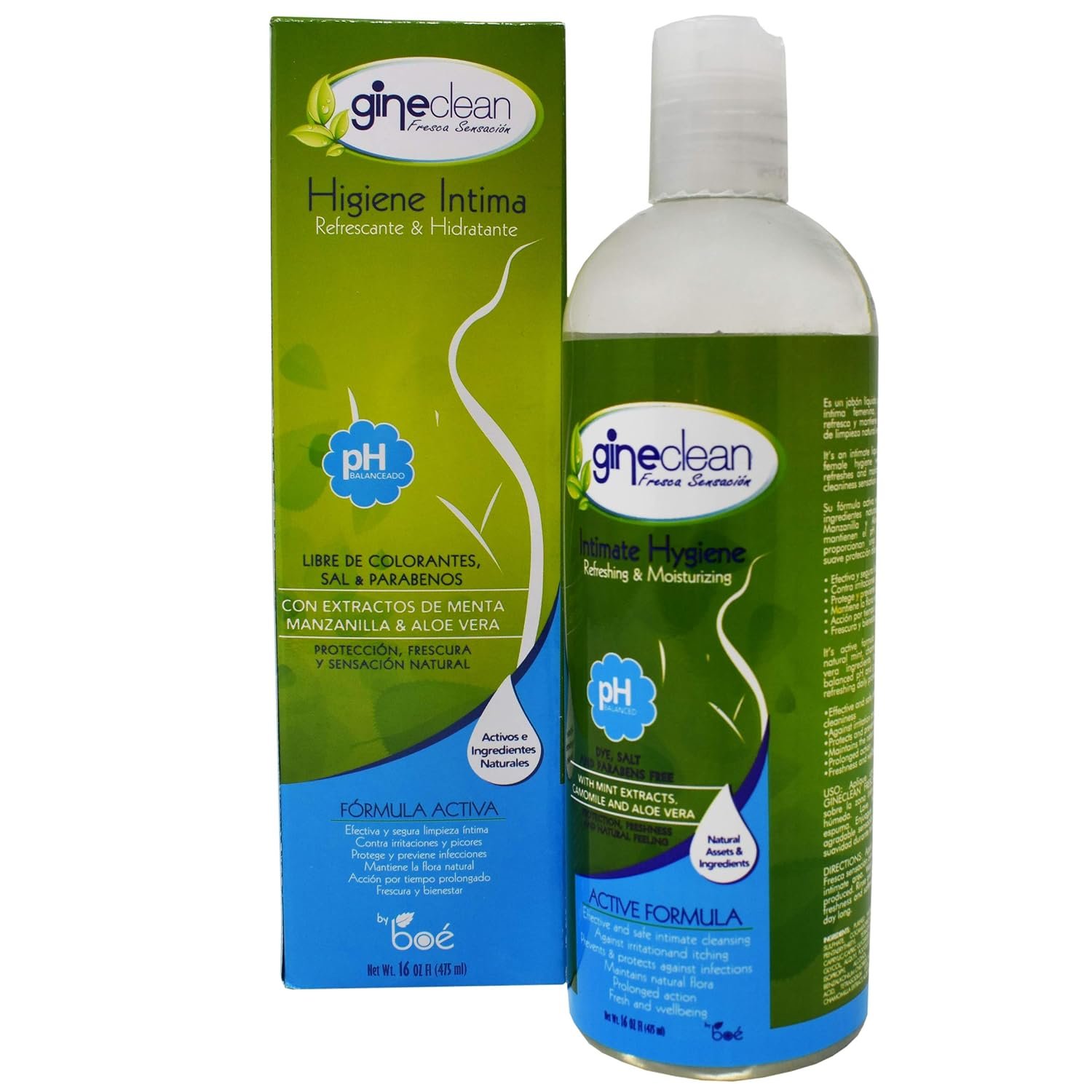 BOE Gineclean Feminine Wash 16 oz, Natural Intimate Cleanser with Mint, Chamomile & Aloe Vera – pH Balanced, Refreshing & Moisturizing – Paraben-Free, Dye-Free, Salt-Free – Daily Hygiene for Women