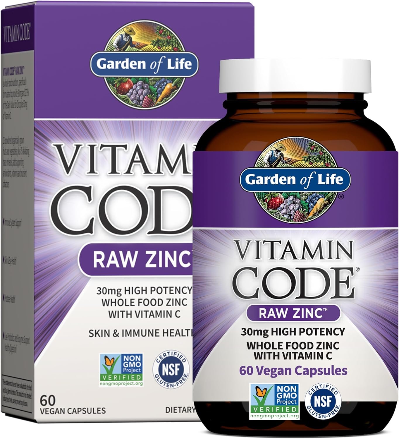 Garden of Life Zinc Supplements 30mg High Potency Raw Zinc and Vitamin C Multimineral Supplement, Vitamin Code Vitamins Trace Minerals & Probiotics for Skin Health & Immune Support, 60 Vegan Capsules