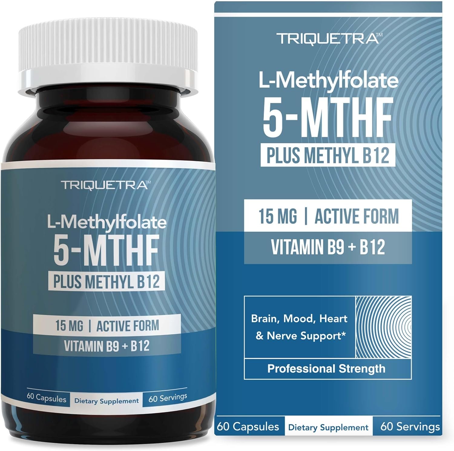 L Methyl Folate 15mg Plus Methyl B12 Cofactor – High Potency, Active 5-MTHF Form – Supports Mood, Methylation, Cognition – Bioactive Forms of Vitamin B9 & B12 (60 Capsules – 60 Servings)