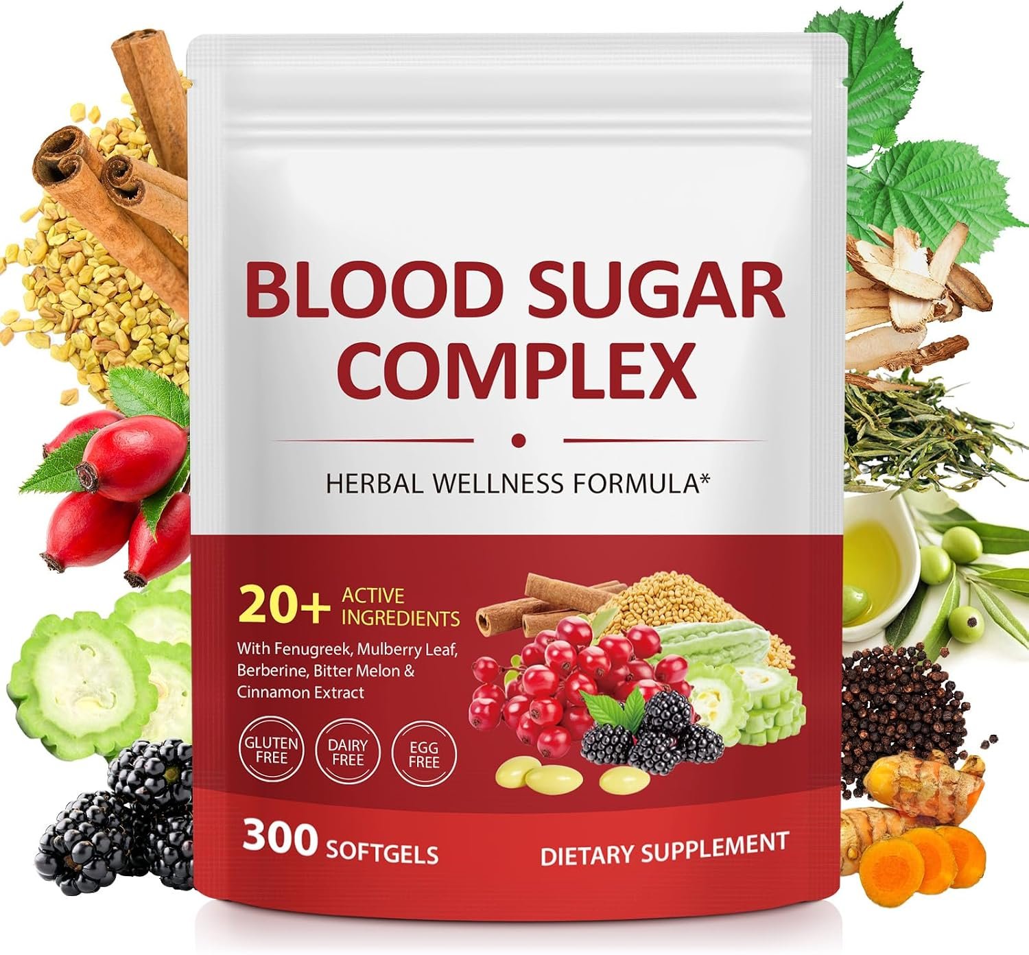 300 Softgels Blood Sugar Complex Supplement,Helps Maintain Healthy Blood Sugar Levels,with Cinnamon, Turmeric, Licorice,Black Pepper and More, Vegan, Non-GMO, Gluten-Free