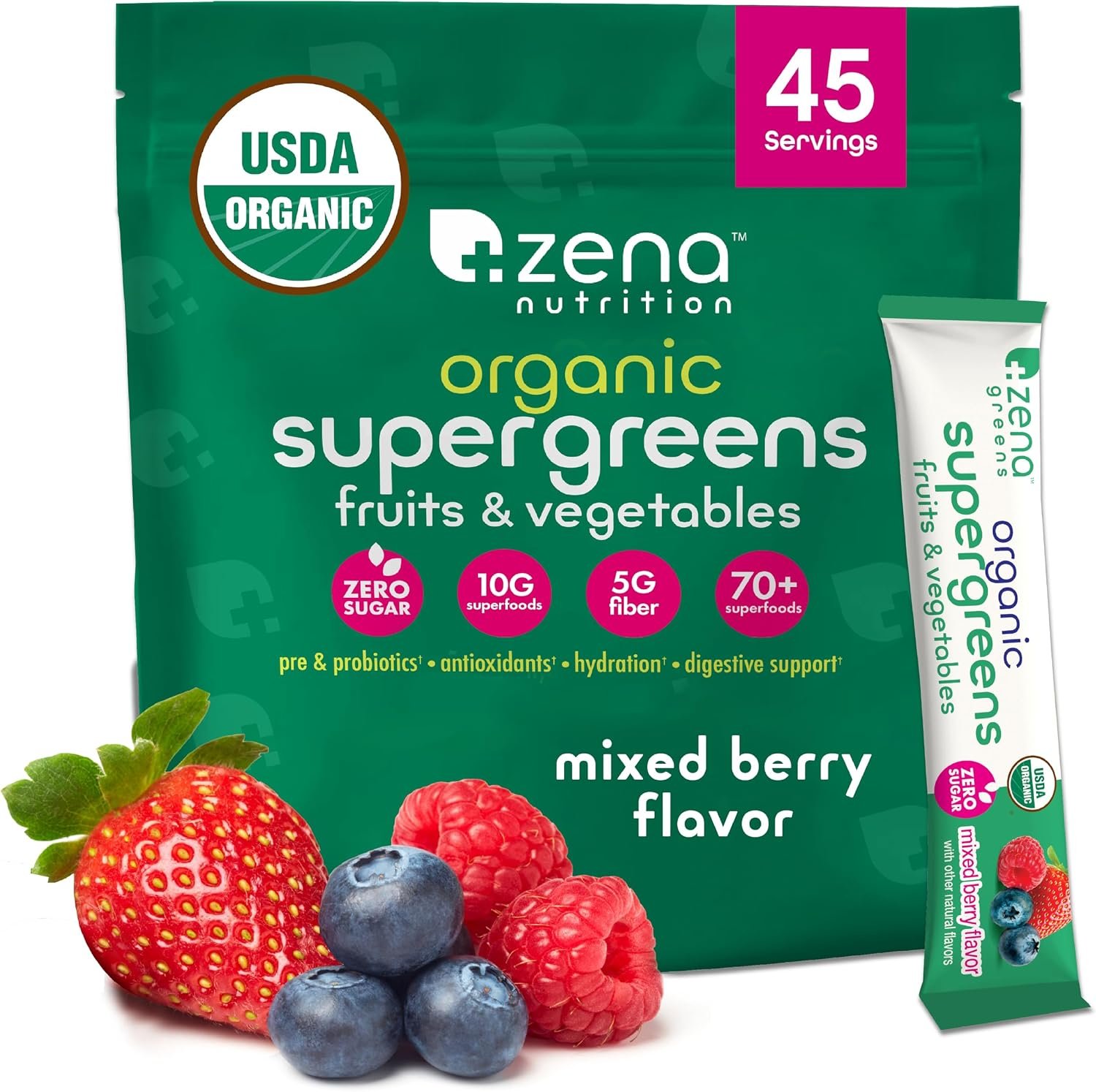 Zena Organic Super Greens Powder, 70+ Superfoods Drink Mix, 0 Sugar, 3G Fiber, Fruits, Veggies, Spirulina, Chlorella, Antioxidants, Pre & Probiotics, Digestive Enzymes, Mixed Berry Flavor, 45 Servings