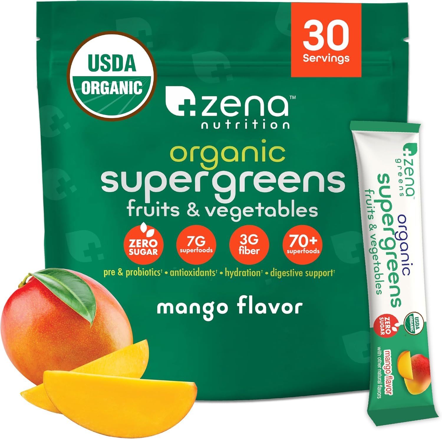 Organic Super Greens Powder, 70+ Superfoods, 0 Sugar, 3G Fiber, Spirulina, Chlorella, Mushrooms, Prebiotics/Probiotics, Digestive Enzymes for Gut Health, Mango, 30 Drink Mix Packets