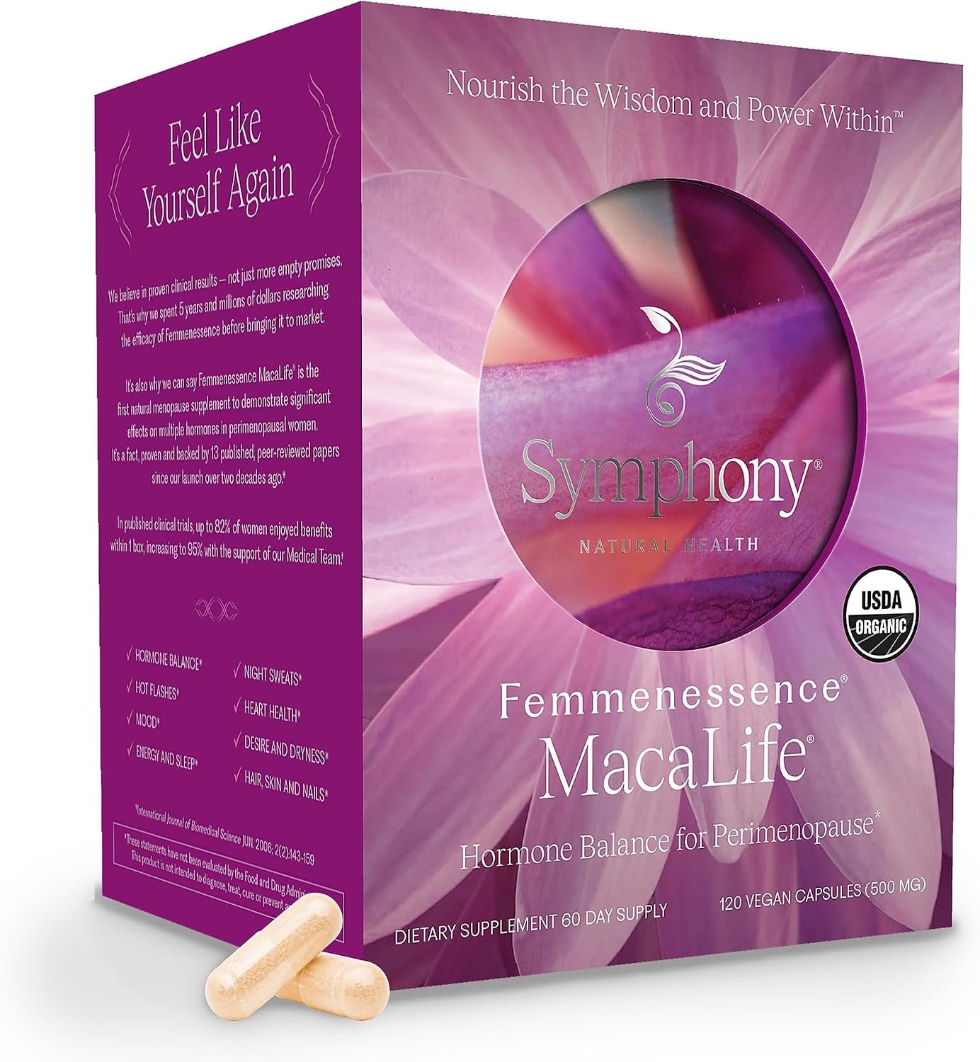 Femmenessence MacaLife – Clinically Proven Perimenopause Supplement for Women – Natural Hormone Balance, Mood, Hot Flashes & Night Sweats Relief – 120 Organic Vegan Capsules (60 Day Supply)