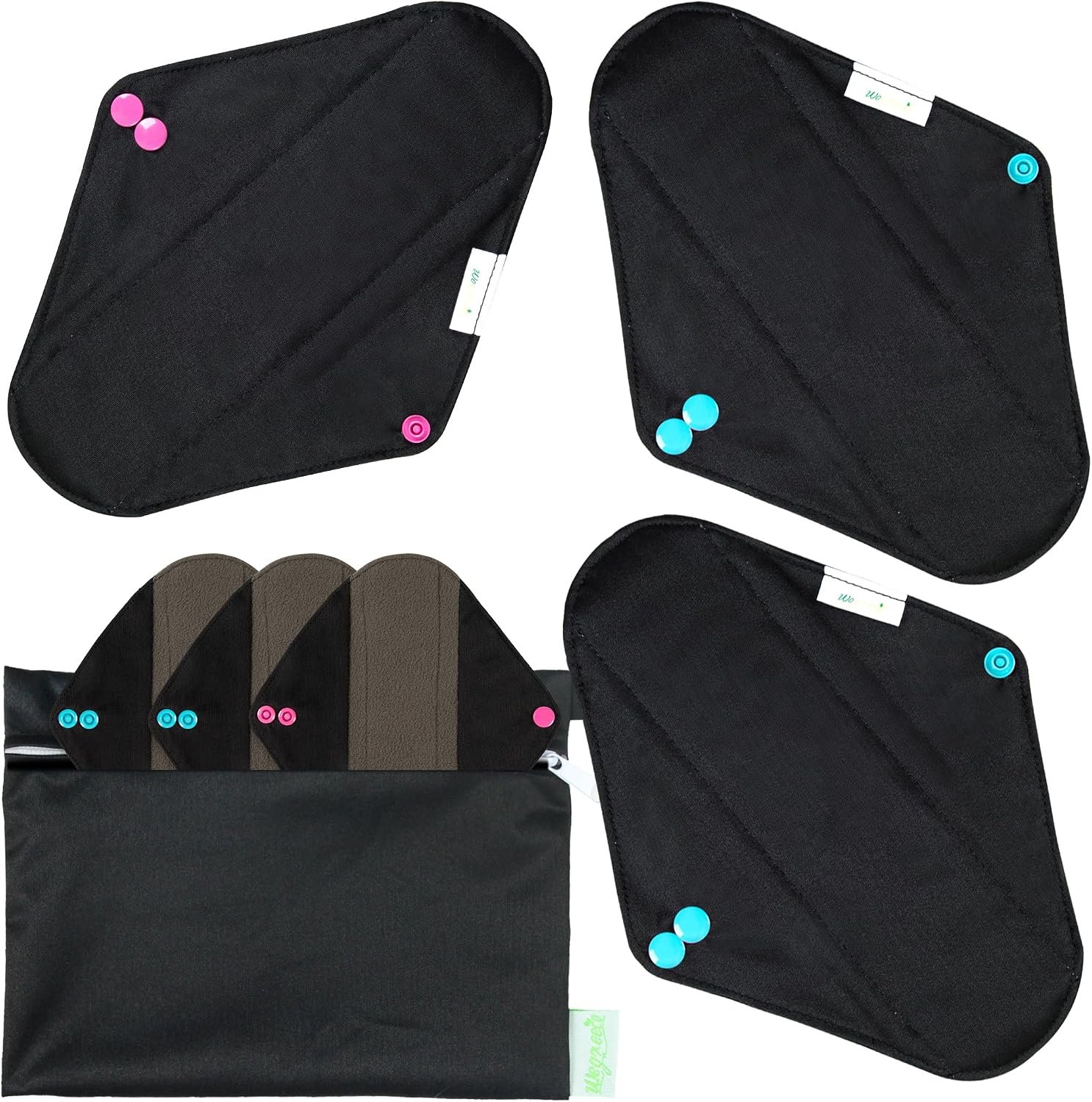 wegreeco Charcoal Reusable Menstrual Pads – Reusable Sanitary Pads | Reusable Panty Liners | Soft Cloth Menstrual – 6 Pack with 1 Cloth Mini Wet Bag (Medium, Black)