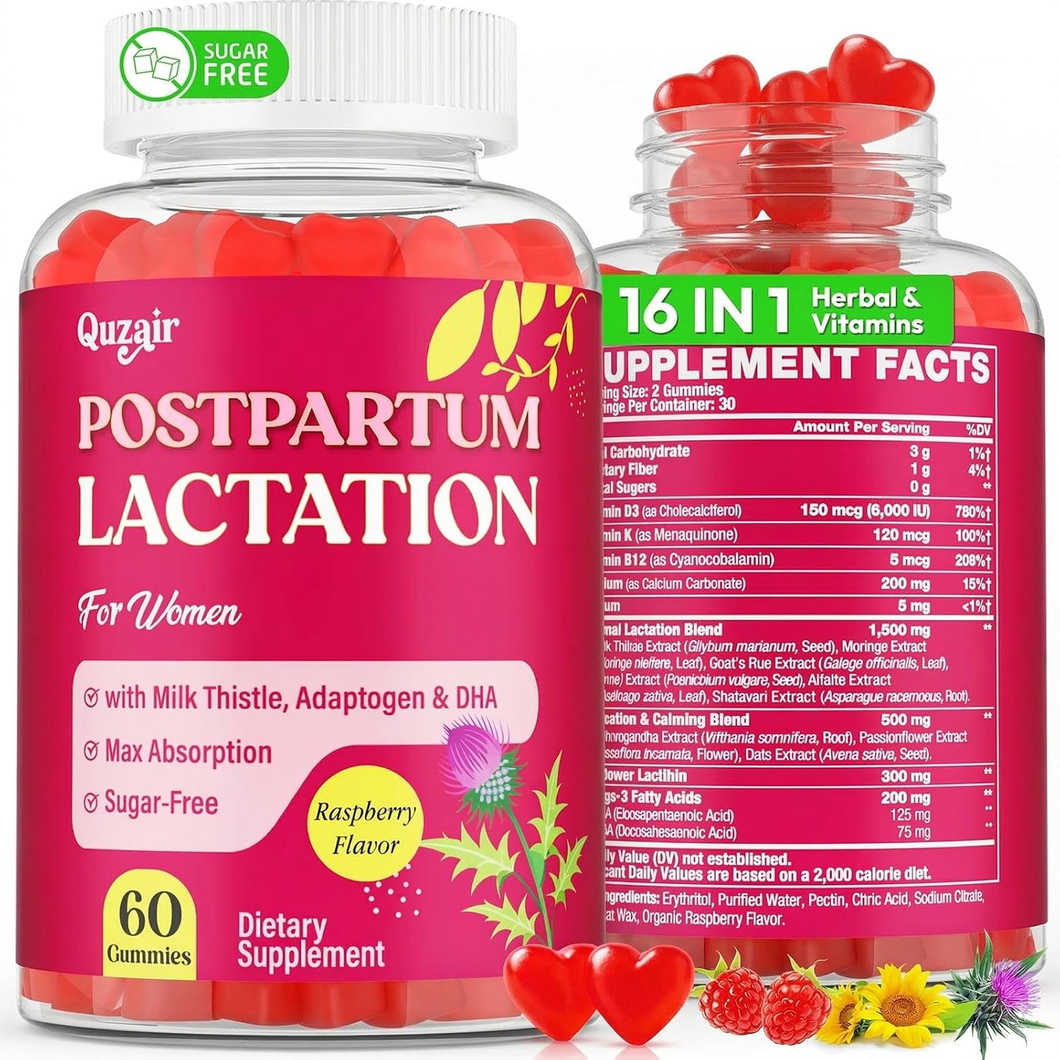 Lactation Supplement Postpartum Lactation Support Gummies for Breastfeeding | with Milk Thistle and Postnatal Vitamins As Breast Milk Supply Booster, Recovery, Hair Growth, 60 Count Sugar Free & Vegan