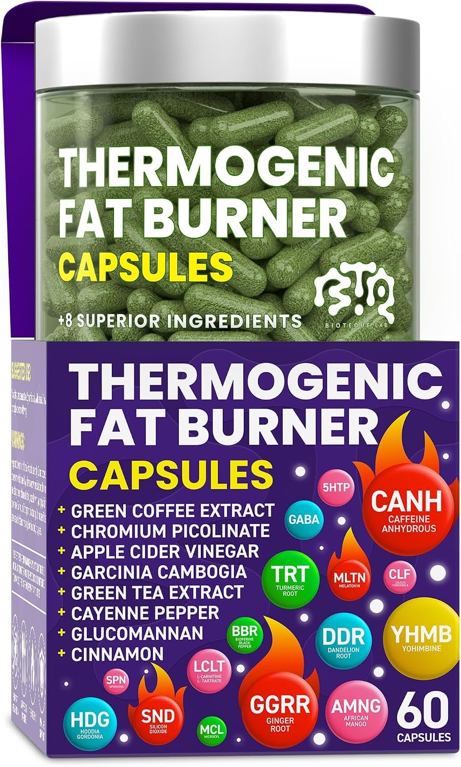 Thermogenic Fat Burner Capsules – Weight Loss Pills for Women & Men, Appetite Suppressant, Metabolism Booster – Green Tea, Coffee Extract, Garcinia Cambogia – Diet Pills for Weight Loss – 60 Capsules