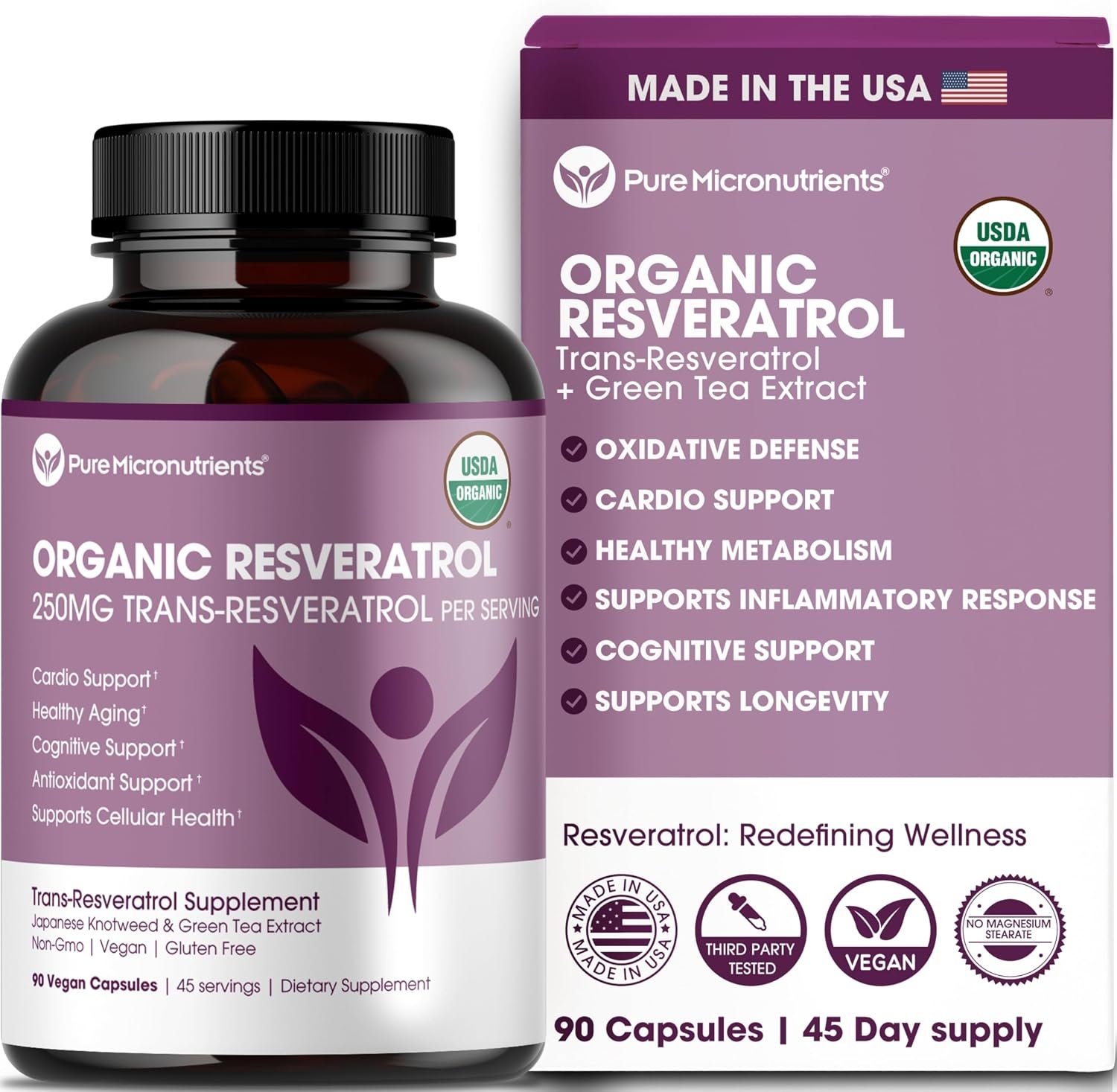 Organic Resveratrol Supplement with Green Tea, 90 Vegan Capsules | Highly purified & bioavailable trans-resveratrol supports heart health, immunity & healthy aging