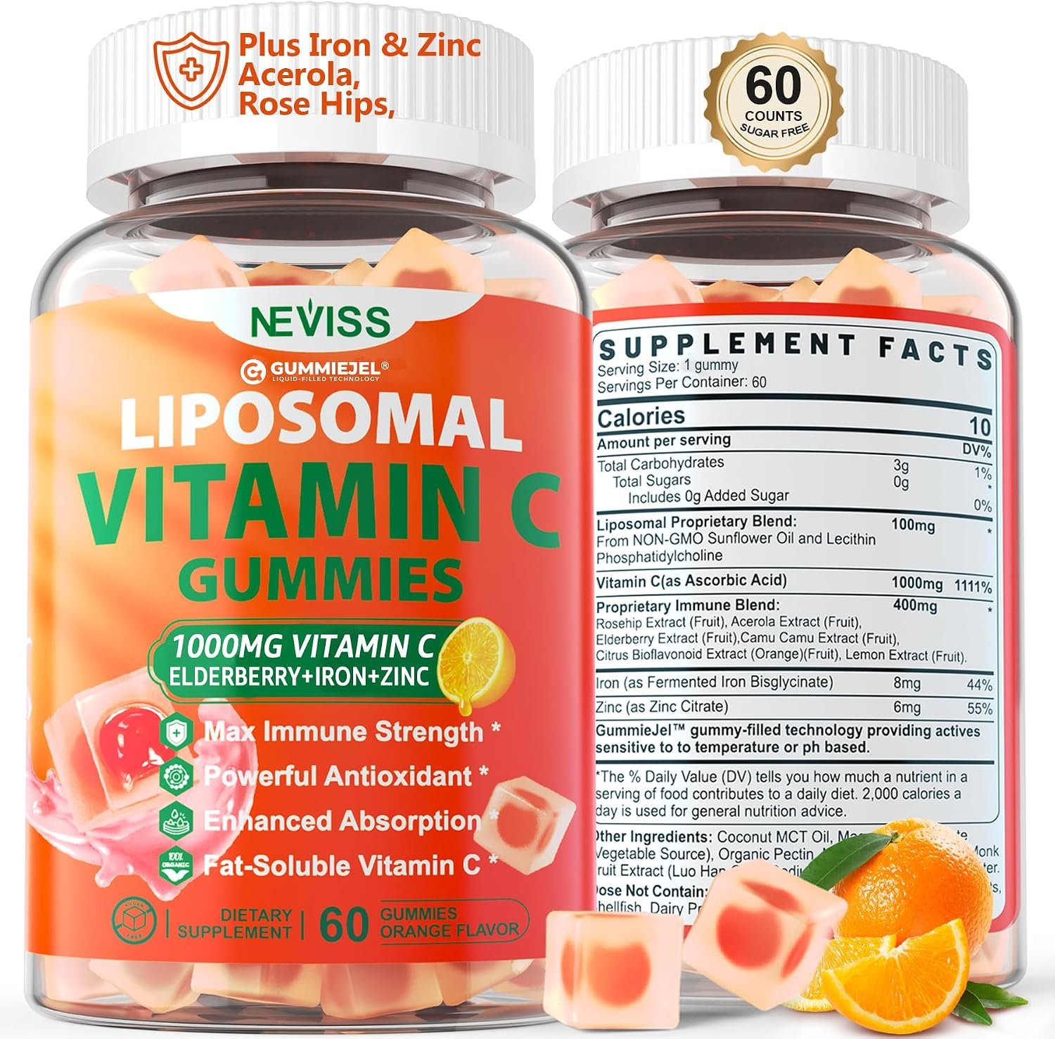 NEVISS Liposomal Vitamin C 1000mg Gummies for Adults, Daily Immune Support