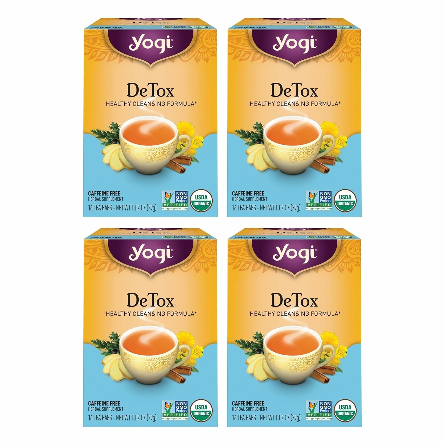 Yogi DeTox Tea, Healthy Cleansing Formula, 16 Tea Bags (4 Pack) | Organic Blend with Burdock, Dandelion, Ginger Root, Black Pepper and Cardamom for Digestive and Circulation Support