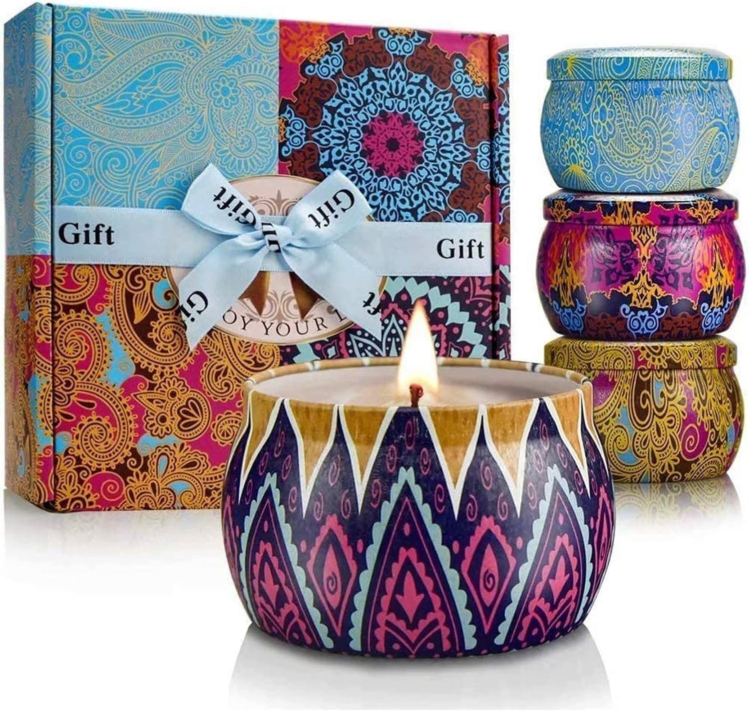 Scented Candles Gift Set for Women, 4 Pack Soy Wax Candles for Home Scented | Aromatherapy Candle Set with Classic Bohemian Tins, Stress Relief Meditation Candle, Birthday Gifts for Mom, Thank You Gifts
