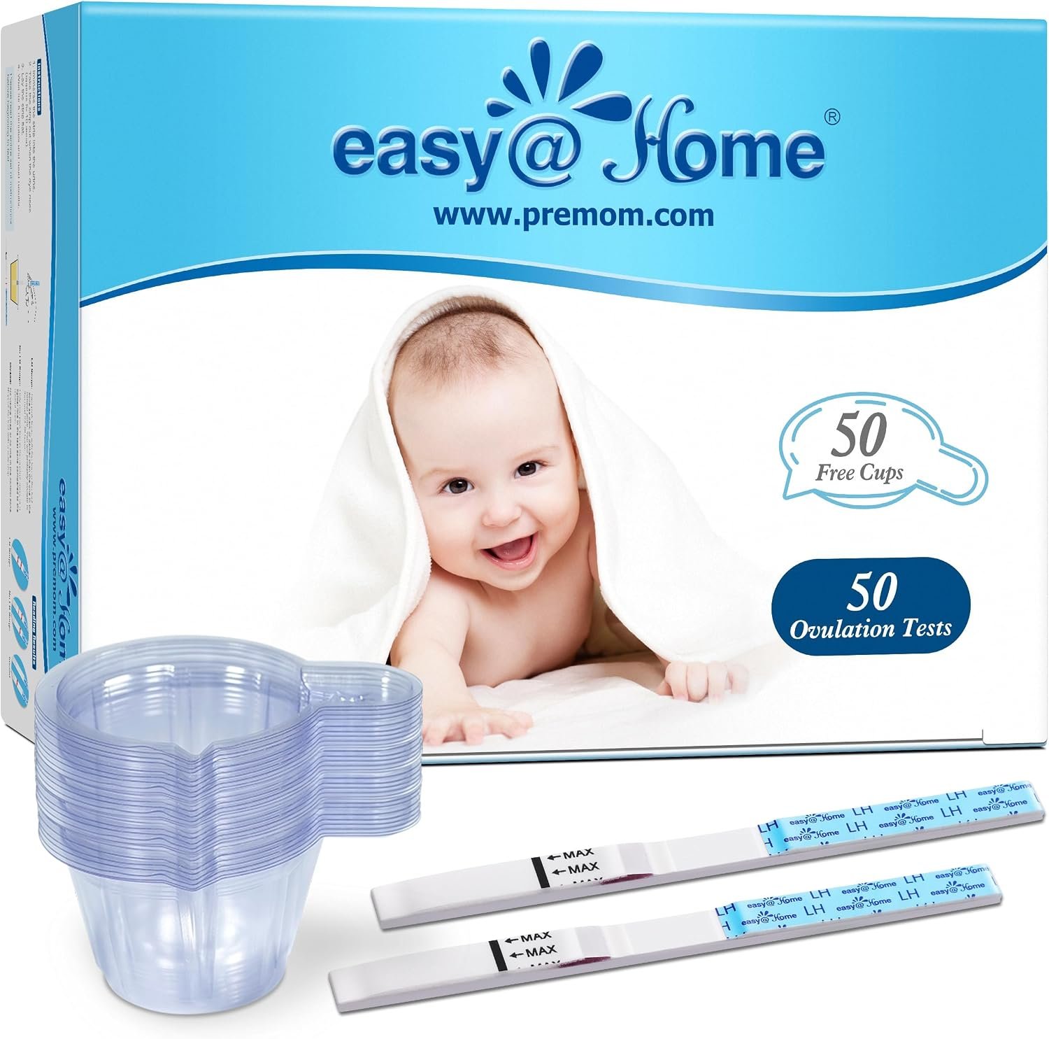 Easy@Home Ovulation Predictor Kit, 50 LH Test Strips with 50 Urine Cups | Fertility Test Strips for Women (Width of 5mm), Designed for At-Home LH Monitoring, Daily Cycle Tracking