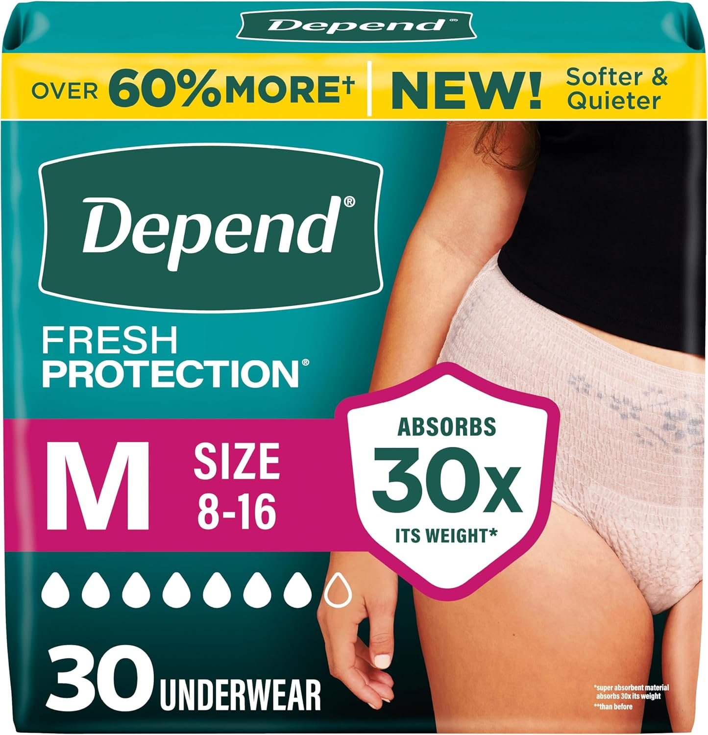 Depend Fresh Protection Adult Diapers for Women, Medium, 30 Count