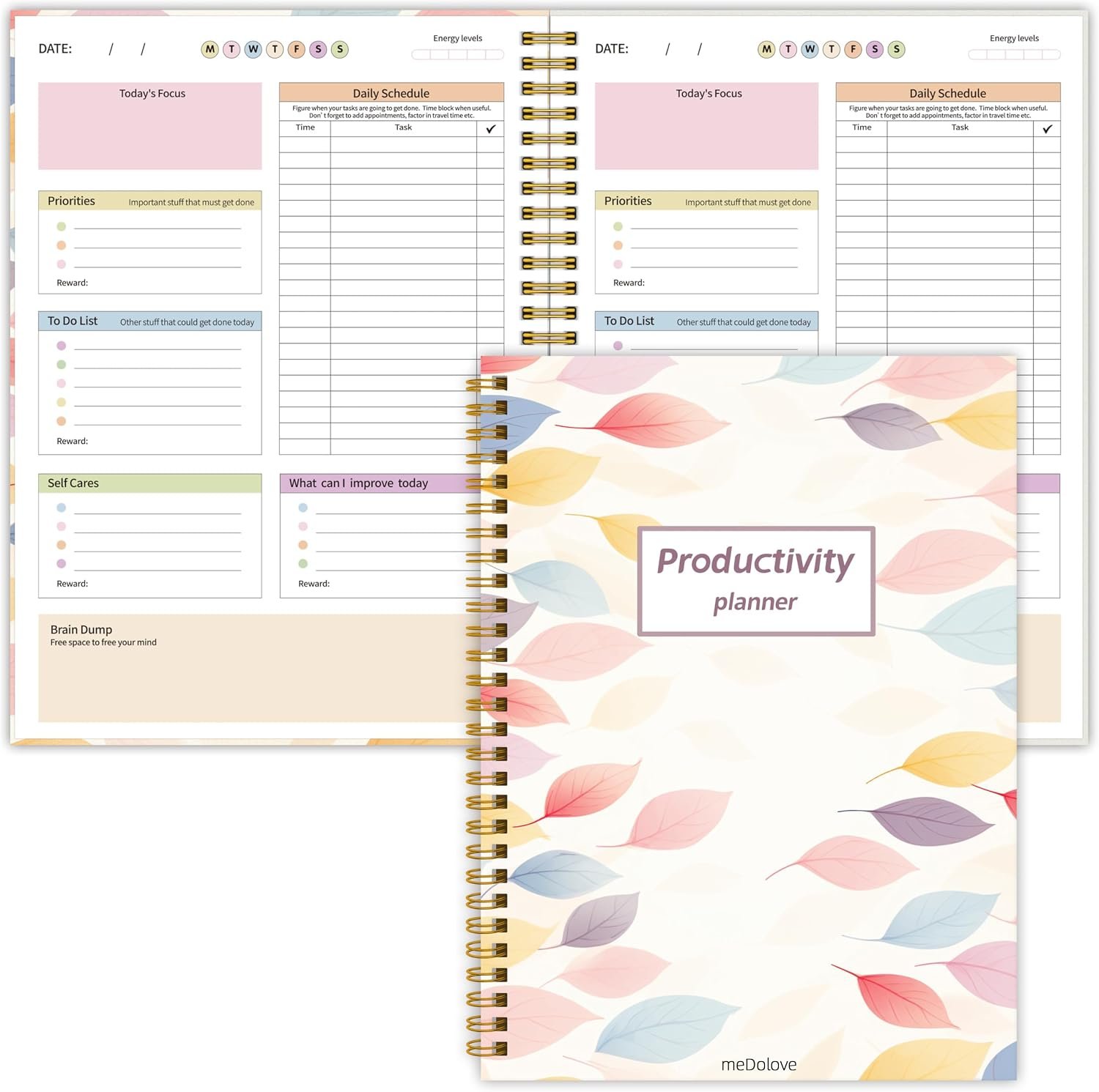 ADHD Daily Planner with Self-Cares, Daily Schedule,To-Do List,Brain Dump | 7″ x 10″,Undated layout,Daily Reflection,Color Pages,No-Bleed Sheets,Built-in Energy Levels tracker for Neurodivergent Adults