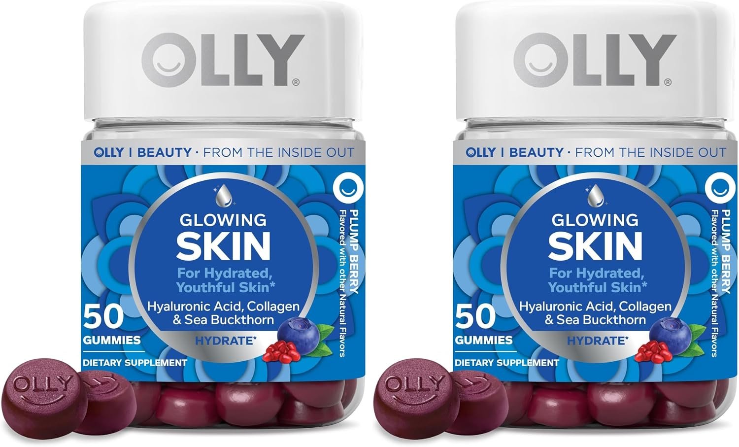 OLLY Glowing Skin Gummy, Hydrated & Youthful Skin,* Hyaluronic Acid, Collagen Peptides, Sea Buckthorn, Plump Berry Flavor, 25 Day Supply – 50 Count (Pack of 2)