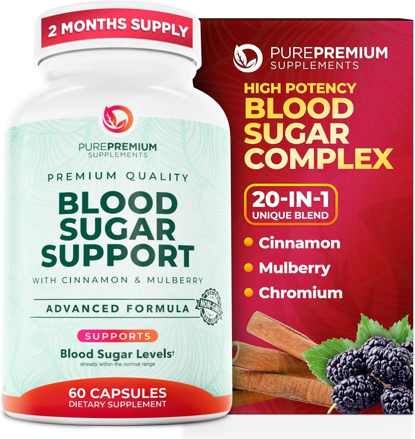 PurePremium Normal Blood Sugar Support Supplement – 60 Capsules | 20 Active Ingredients Blood Sugar Complex with Cinnamon, Bitter Melon, Chromium, Mulberry – 2-Month Supply, Made in USA
