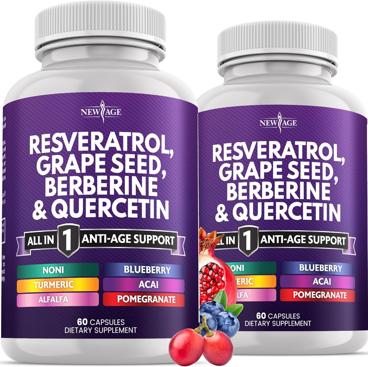 NEW AGE Resveratrol, Berberine, Grape Seed Extract, Quercetin, Supplement for Women and Men with Noni, N-Acetyl Cysteine, Acai – 120 Capsules